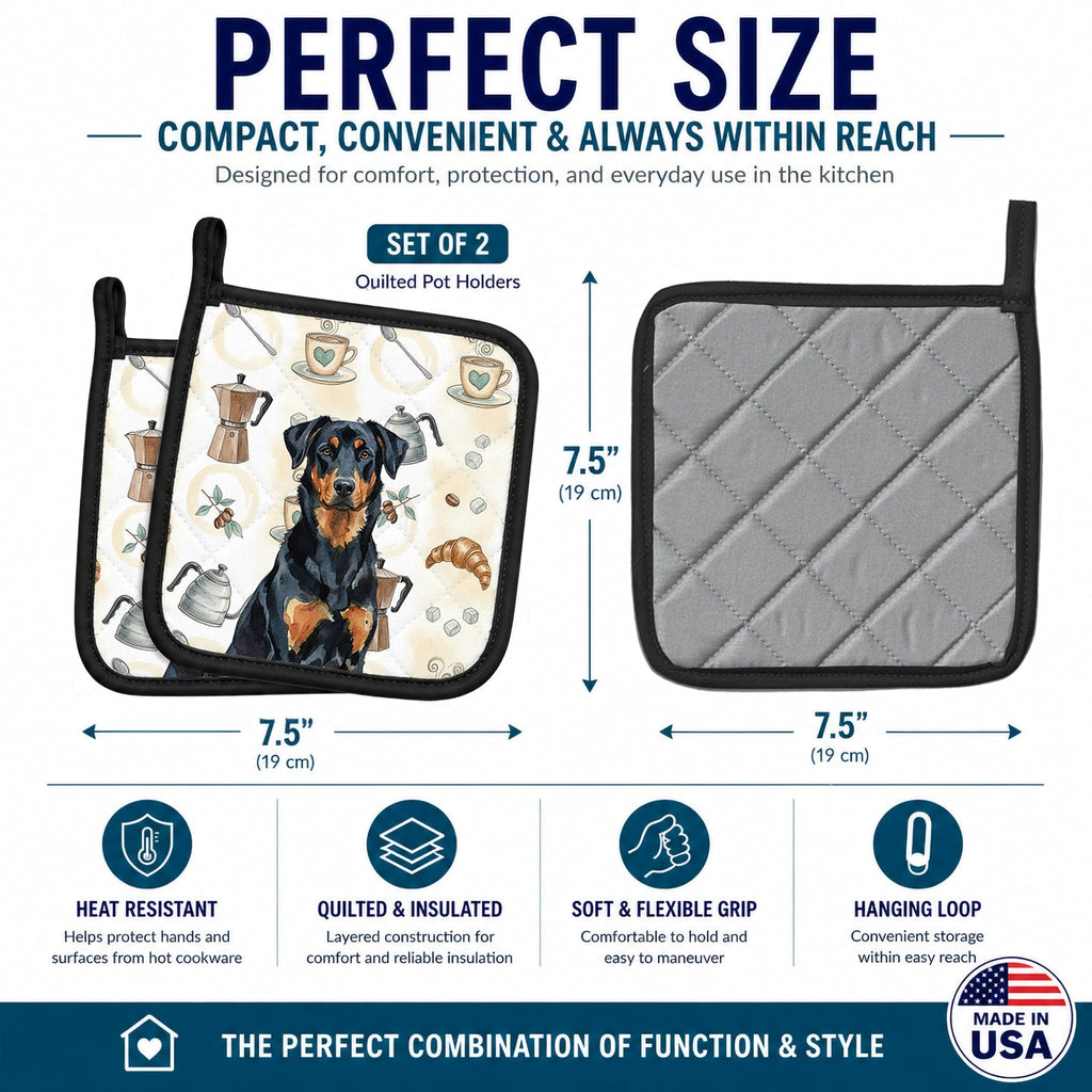 Beauceron Coffee Bar Pot Holder Set of 2 Heat Resistant Quilted Hot Pads 7.5 x 7.5 Inch, Insulated Kitchen Trivets for Cooking & Baking