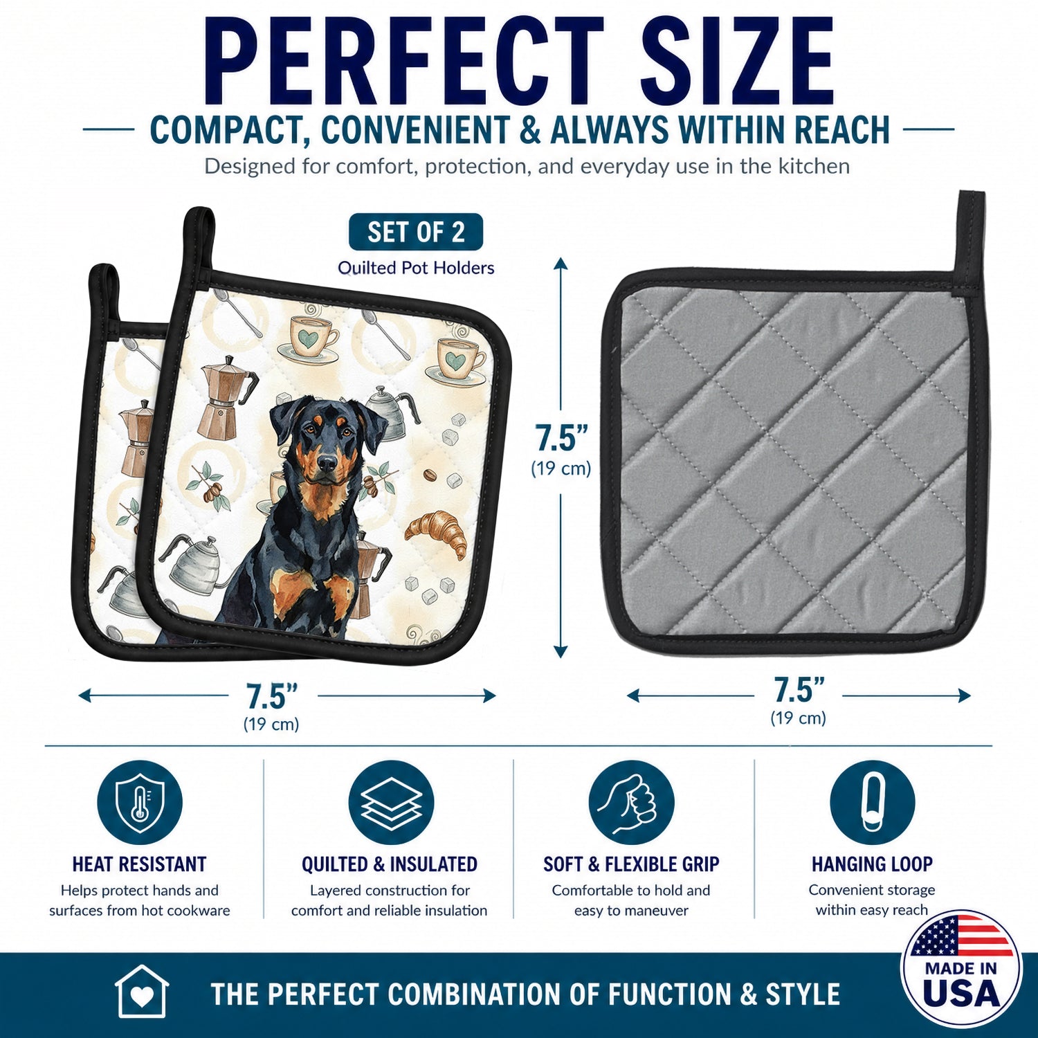 Beauceron Coffee Bar Pot Holder Set of 2 Heat Resistant Quilted Hot Pads 7.5 x 7.5 Inch, Insulated Kitchen Trivets for Cooking & Baking