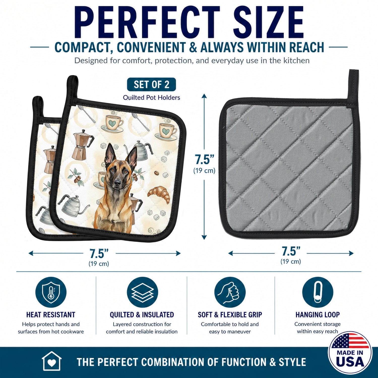 Belgian Malinois Coffee Bar Pot Holder Set of 2 Heat Resistant Quilted Hot Pads 7.5 x 7.5 Inch, Insulated Kitchen Trivets for Cooking & Baking
