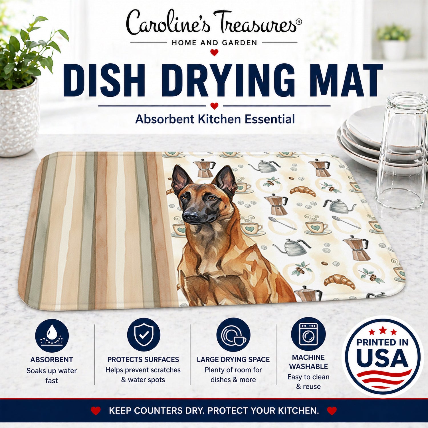 Mahogany Belgian Malinois Coffee Bar Dish Drying Mat Absorbent Dish Drying Mat Pad for Kitchen Counter Dish Drainer Mat for Countertop, 14 x 21", Multicolor