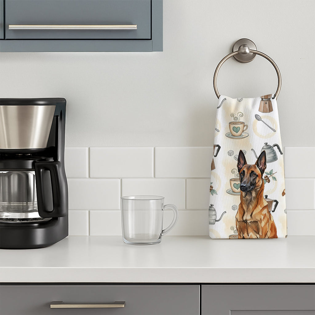 Mahogany Belgian Malinois Coffee Bar Kitchen Towel Velour Plush Front and Cotton Loop Back Machine Washable