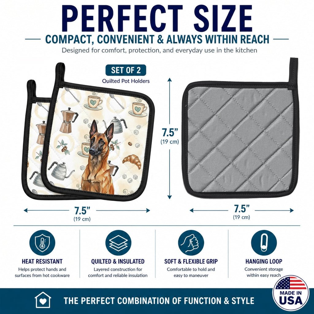 Mahogany Belgian Malinois Coffee Bar Pot Holder Set of 2 Heat Resistant Quilted Hot Pads 7.5 x 7.5 Inch, Insulated Kitchen Trivets for Cooking & Baking