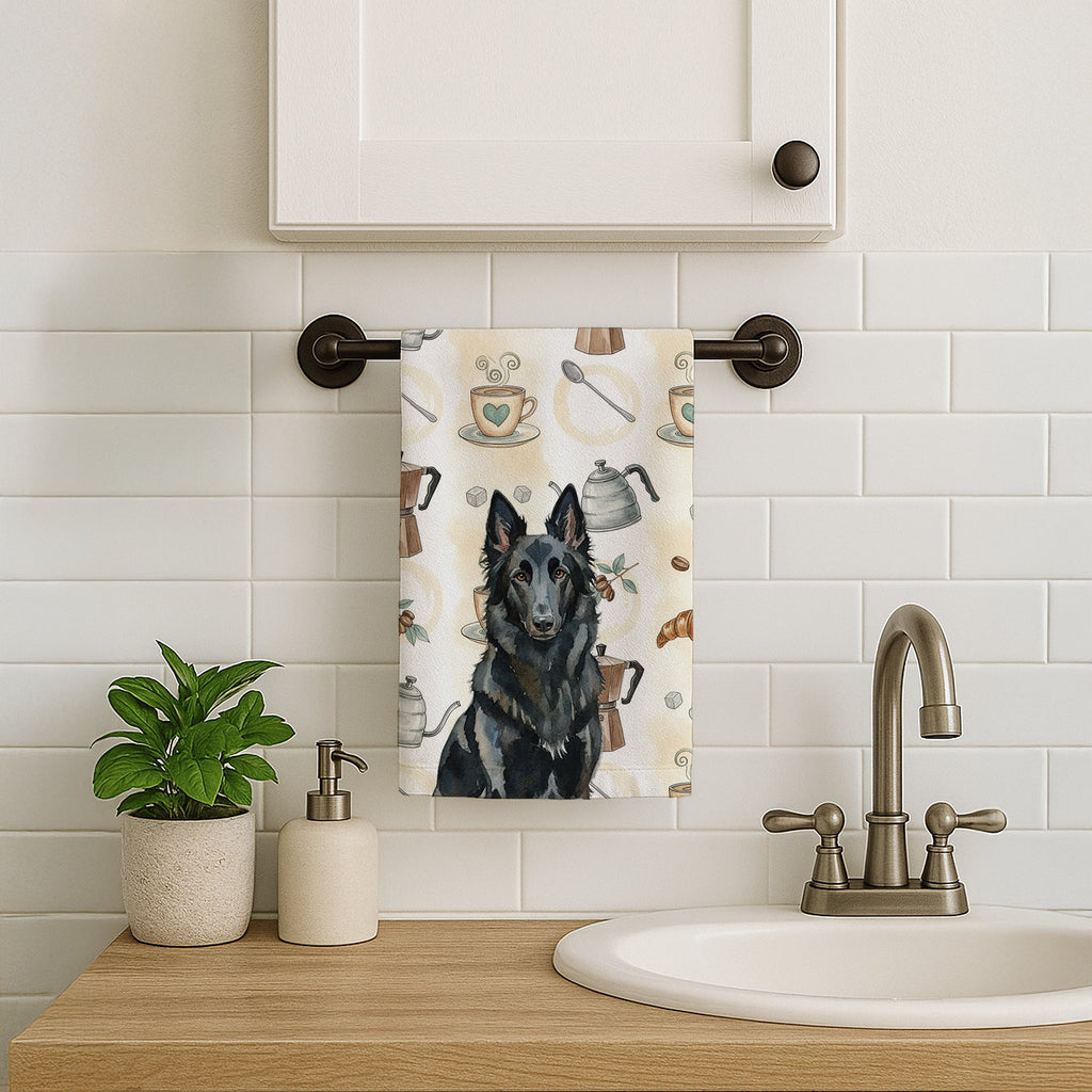 Belgian Sheepdog Groenendael Coffee Bar Kitchen Towel Velour Plush Front and Cotton Loop Back Machine Washable