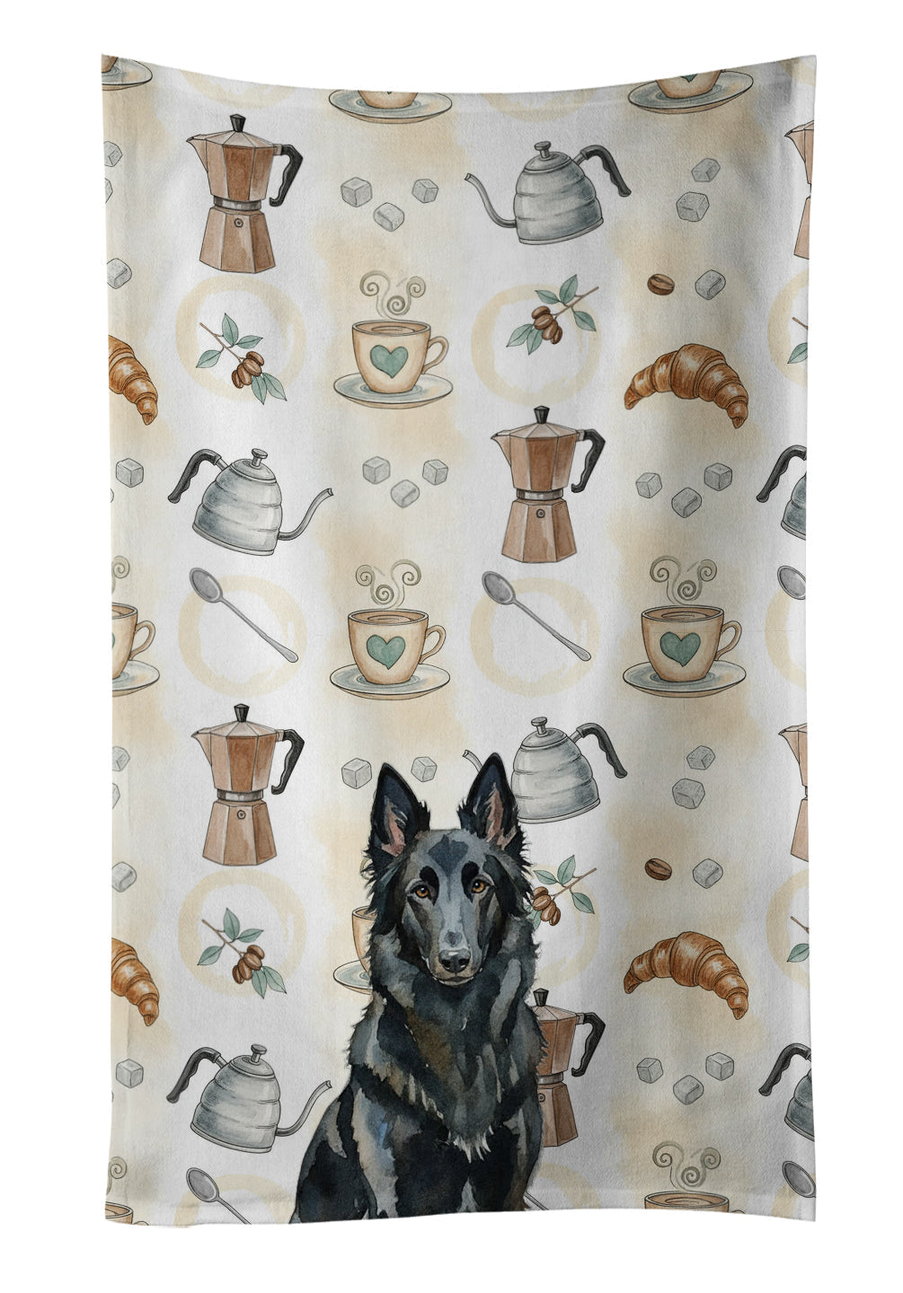 Belgian Sheepdog Groenendael Coffee Bar Kitchen Towel Velour Plush Front and Cotton Loop Back Machine Washable