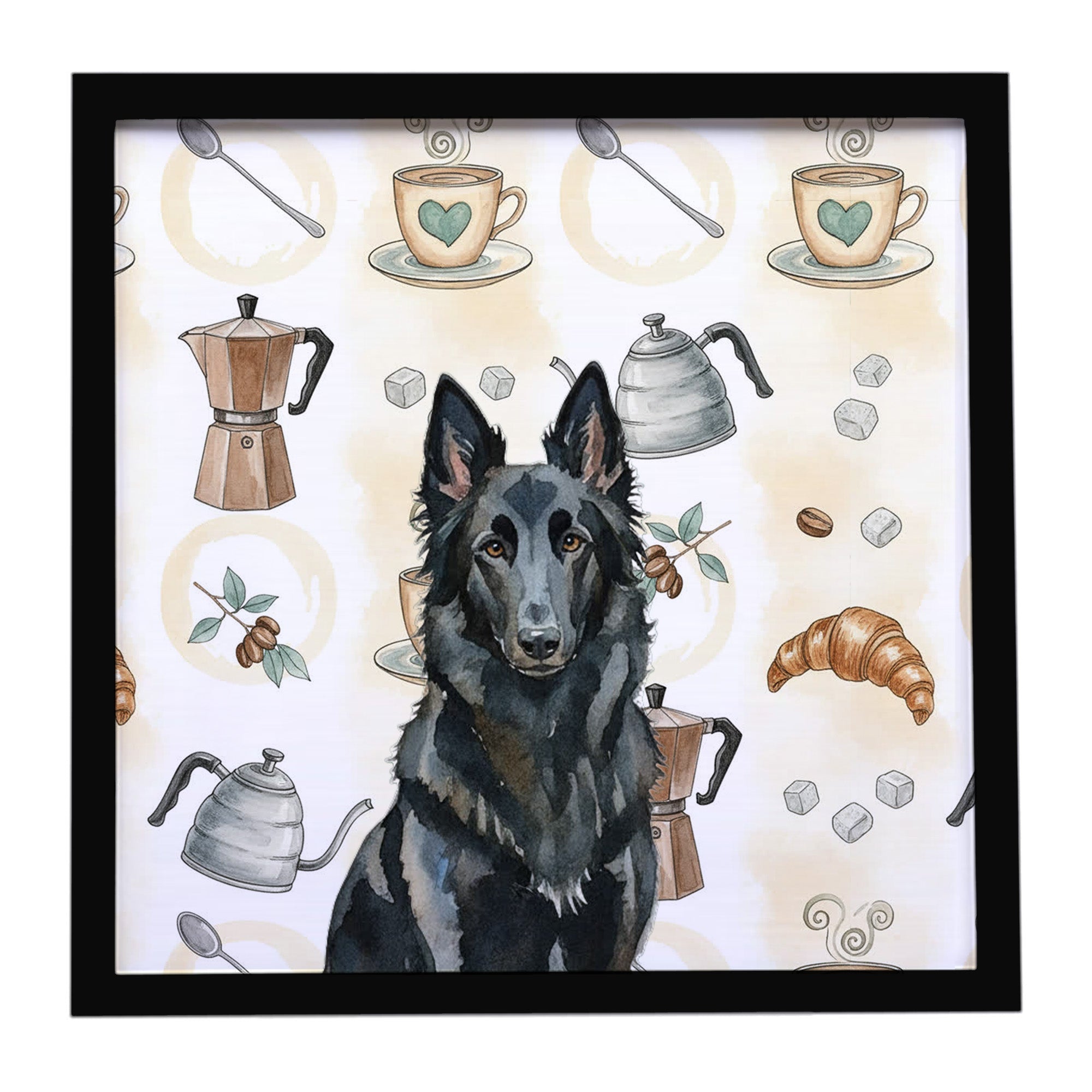 Belgian Sheepdog Groenendael Coffee Bar Framed Metal Print Bathroom, Kitchen, Office, Home Decor Wall Art Ready to Hang, Square, 8X8