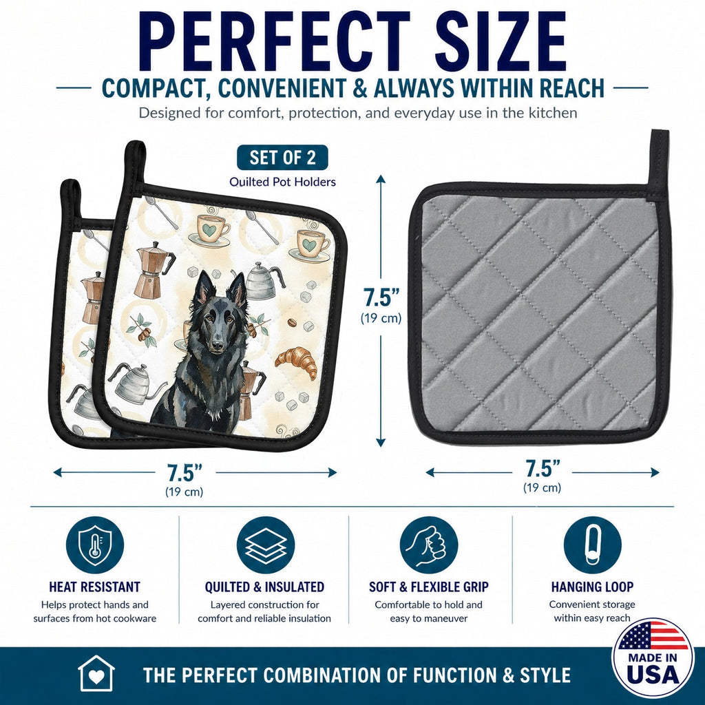 Belgian Sheepdog Groenendael Coffee Bar Pot Holder Set of 2 Heat Resistant Quilted Hot Pads 7.5 x 7.5 Inch, Insulated Kitchen Trivets for Cooking & Baking