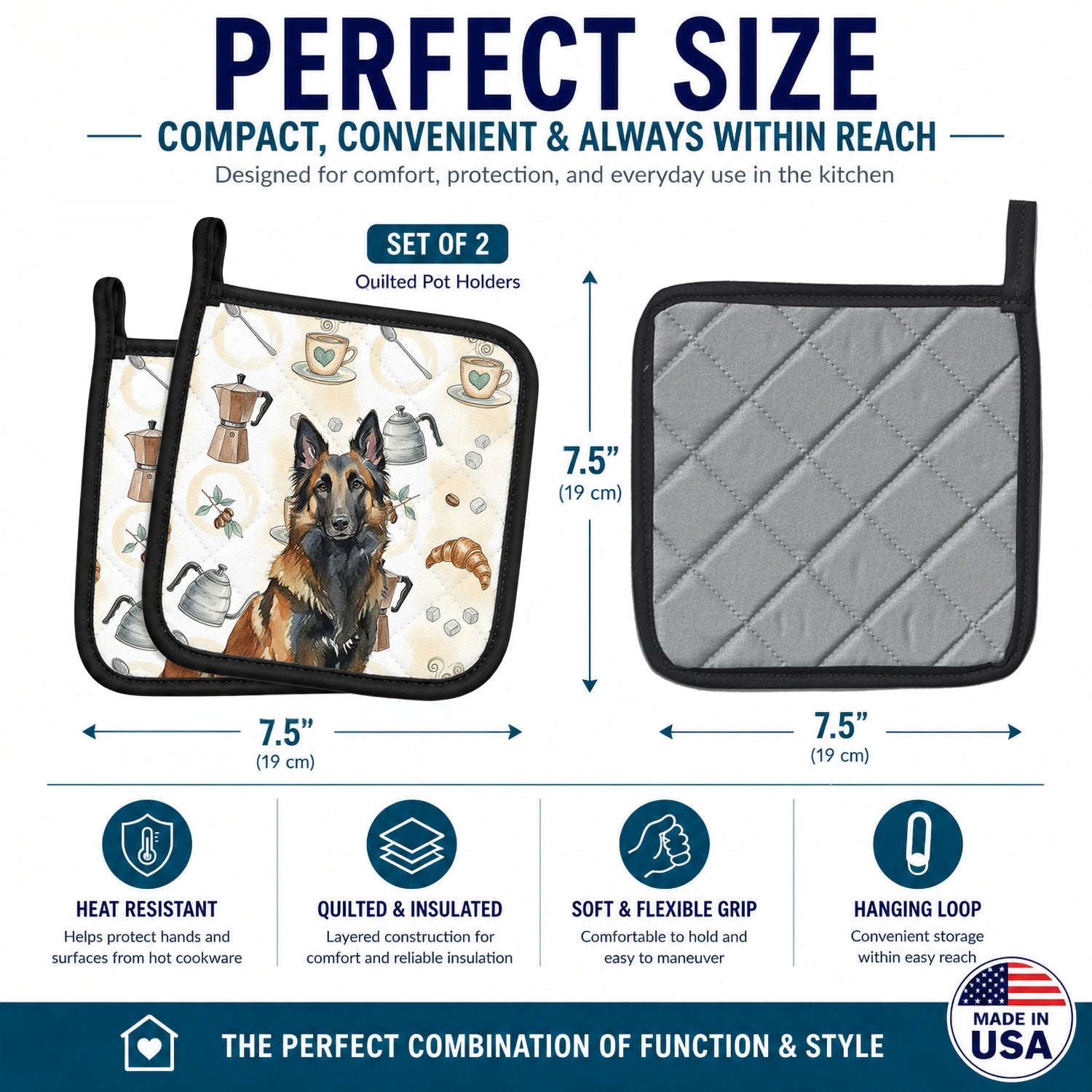 Belgian Tervuren Coffee Bar Pot Holder Set of 2 Heat Resistant Quilted Hot Pads 7.5 x 7.5 Inch, Insulated Kitchen Trivets for Cooking & Baking