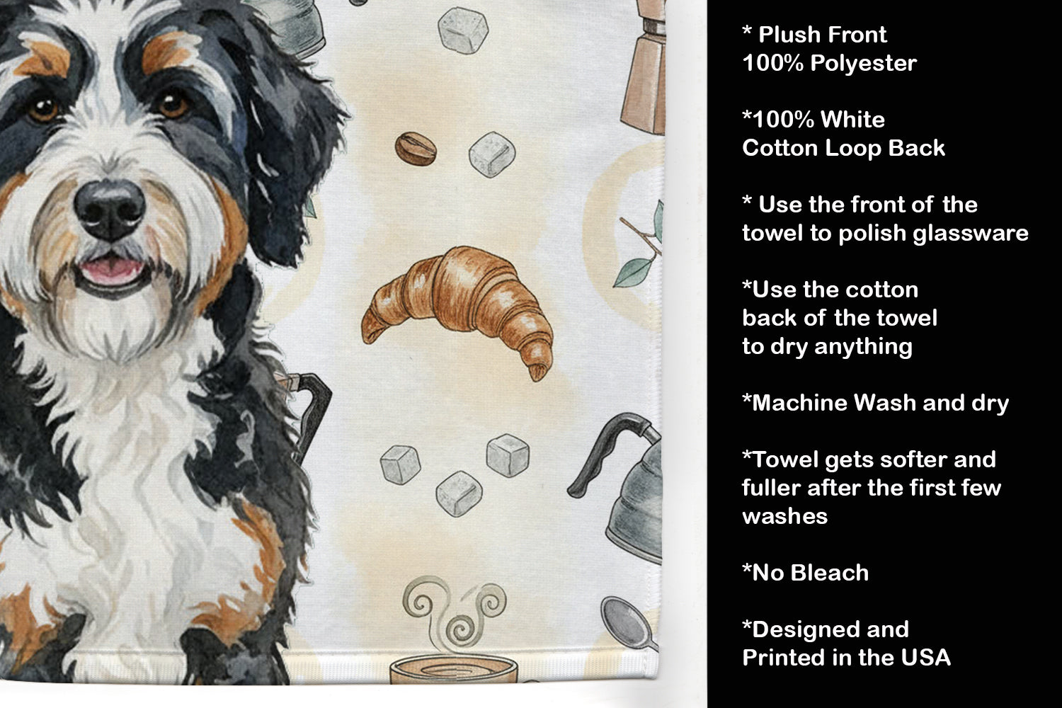 Berndoodle Coffee Bar Kitchen Towel Velour Plush Front and Cotton Loop Back Machine Washable