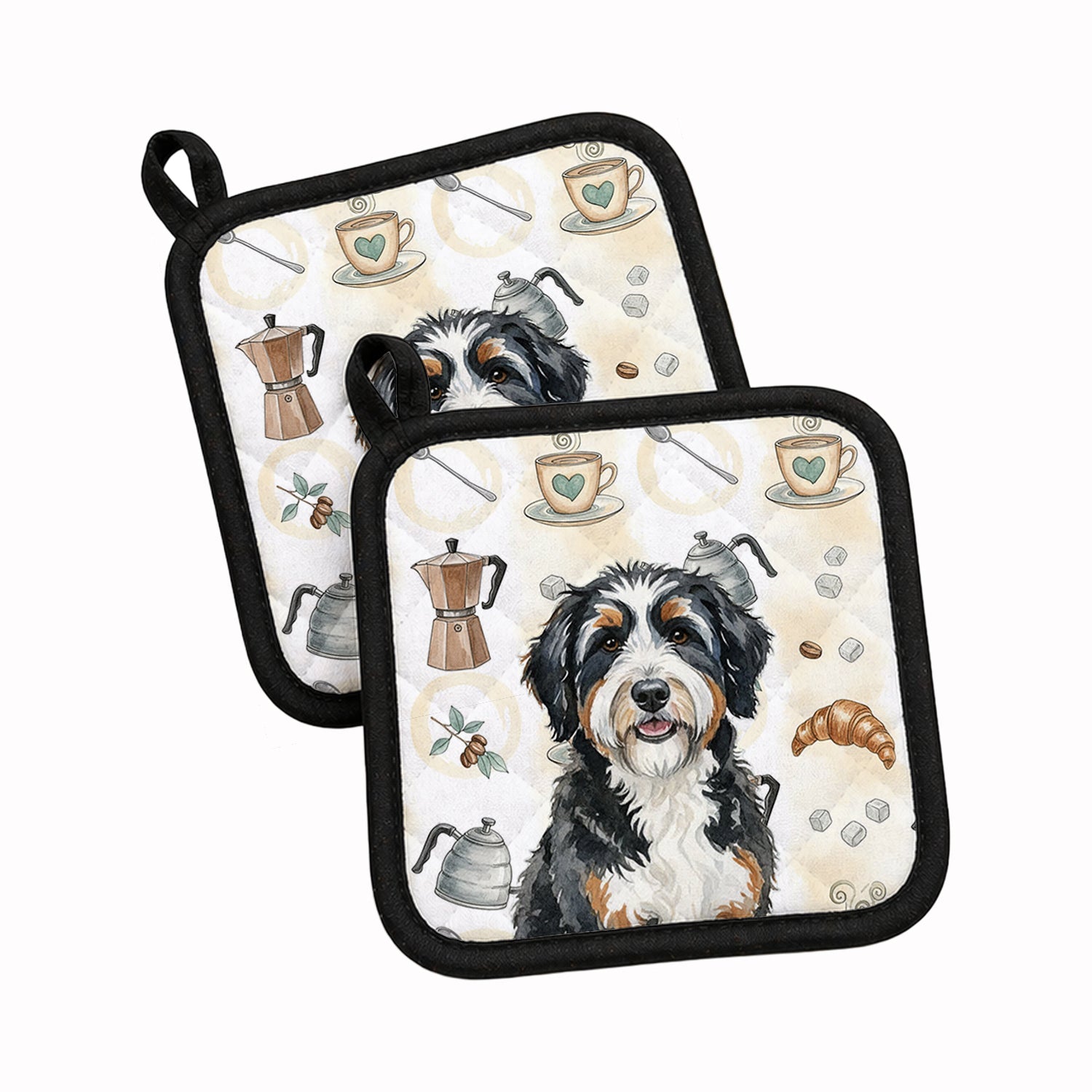 Berndoodle Coffee Bar Pot Holder Set of 2 Heat Resistant Quilted Hot Pads 7.5 x 7.5 Inch, Insulated Kitchen Trivets for Cooking & Baking