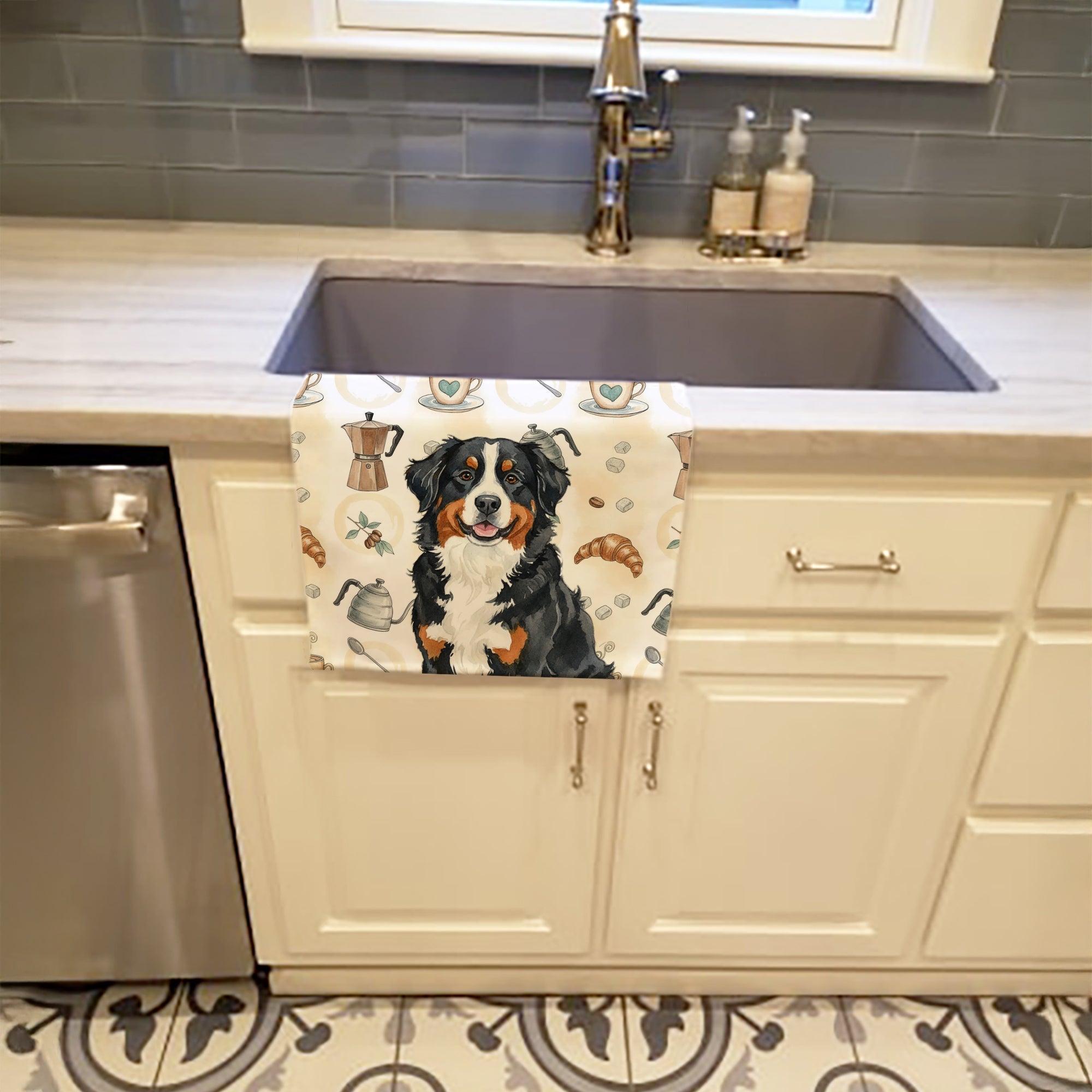 Bernese Mountain Dog Coffee Bar Kitchen Towel Velour Plush Front and Cotton Loop Back Machine Washable