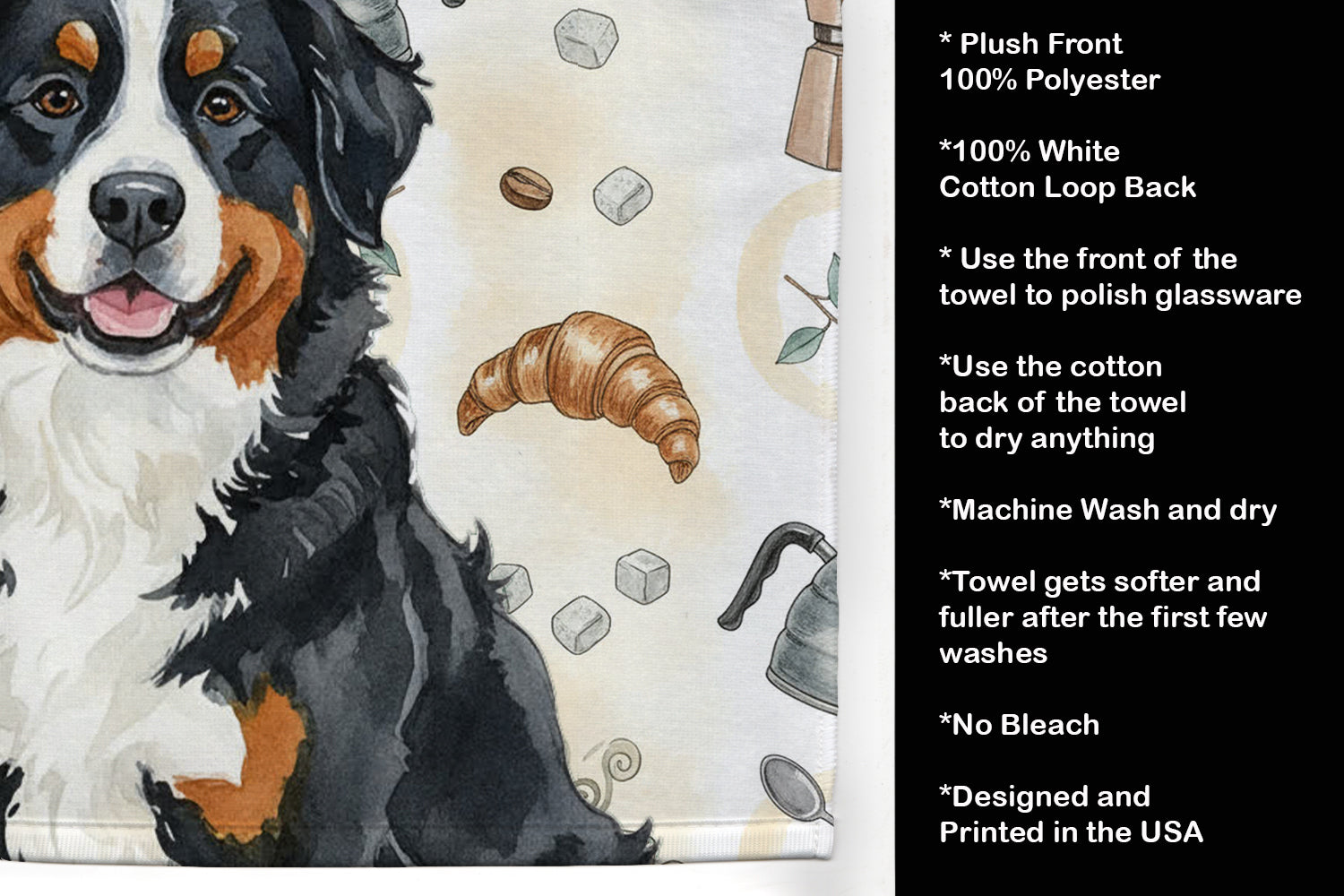 Bernese Mountain Dog Coffee Bar Kitchen Towel Velour Plush Front and Cotton Loop Back Machine Washable