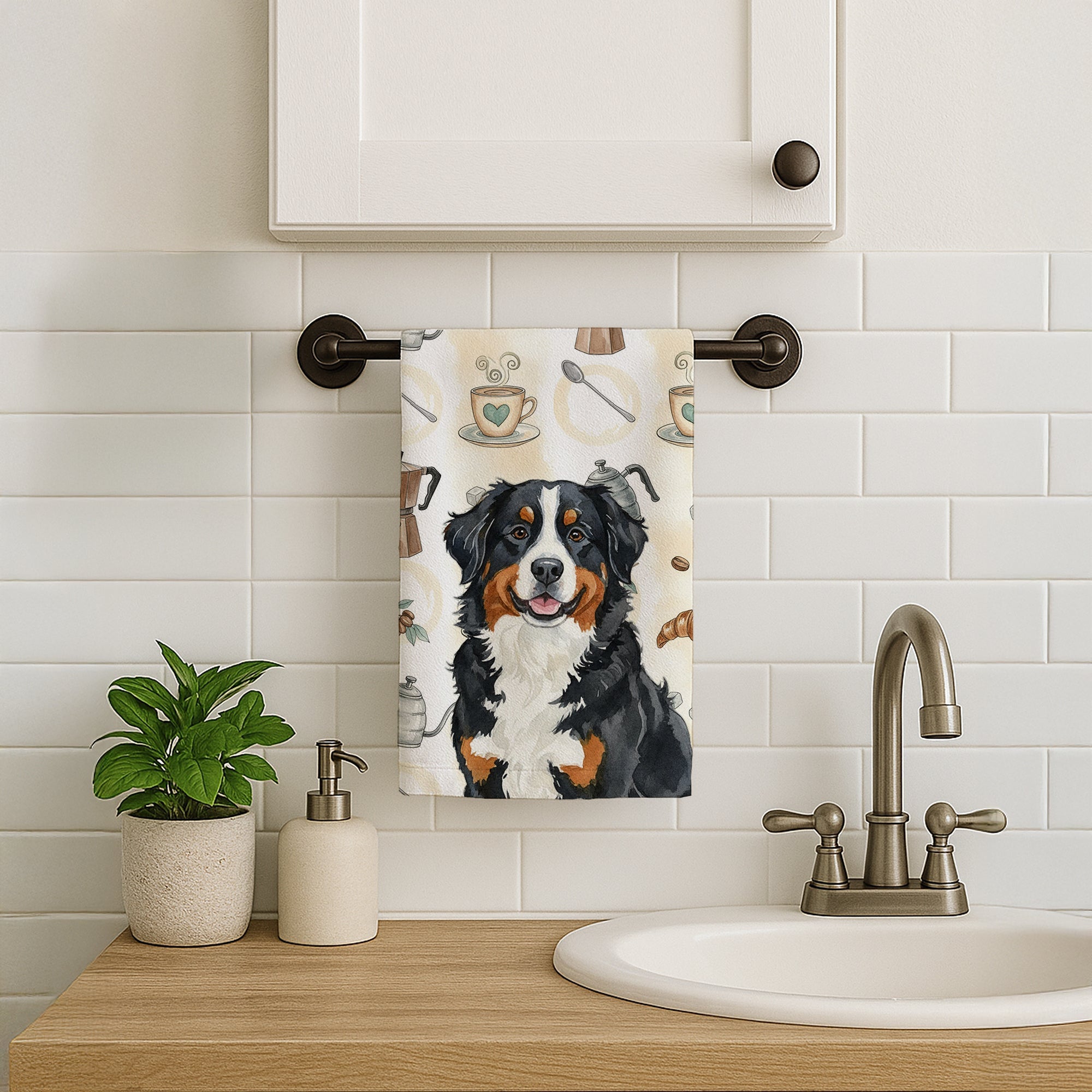 Bernese Mountain Dog Coffee Bar Kitchen Towel Velour Plush Front and Cotton Loop Back Machine Washable