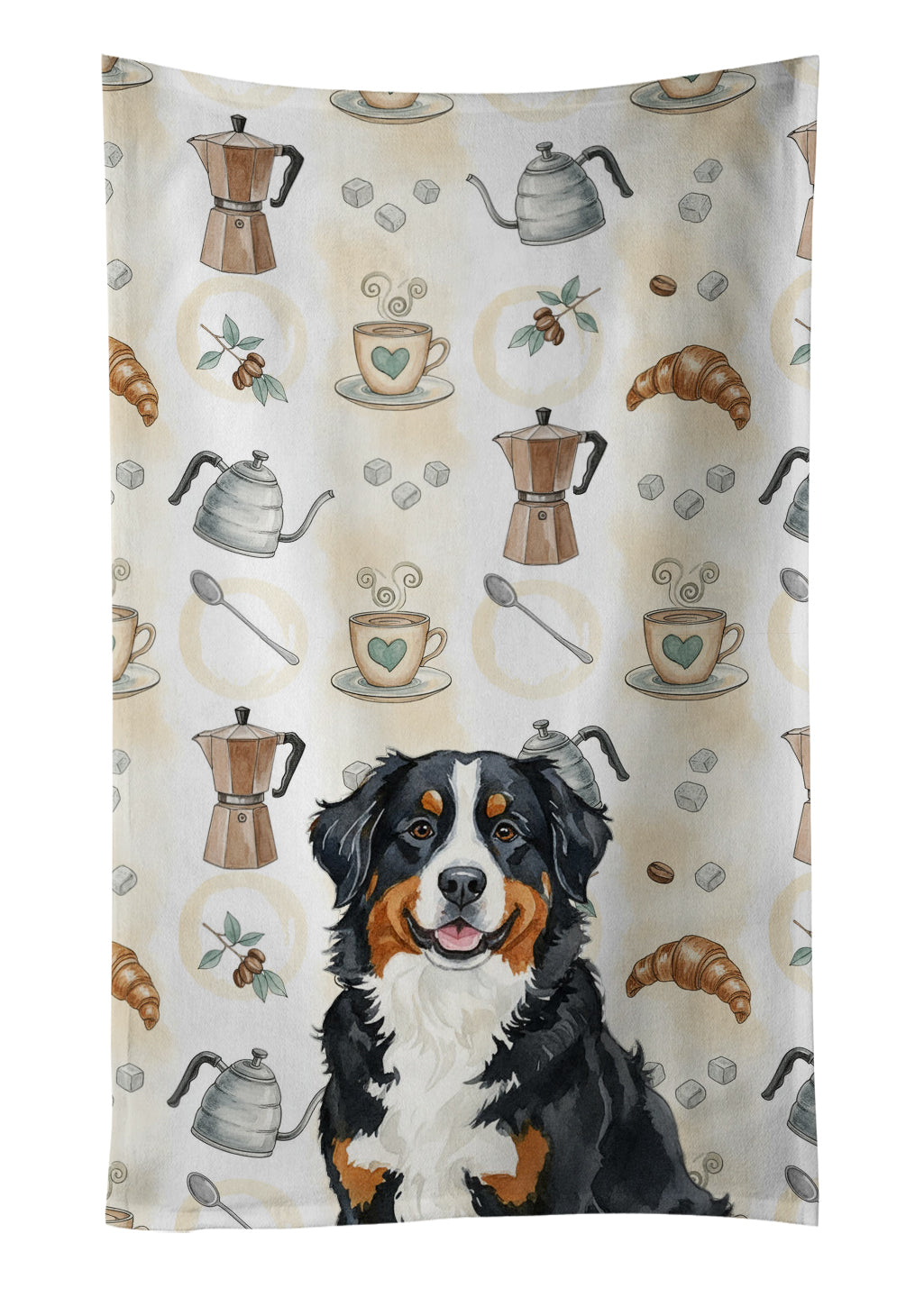 Bernese Mountain Dog Coffee Bar Kitchen Towel Velour Plush Front and Cotton Loop Back Machine Washable