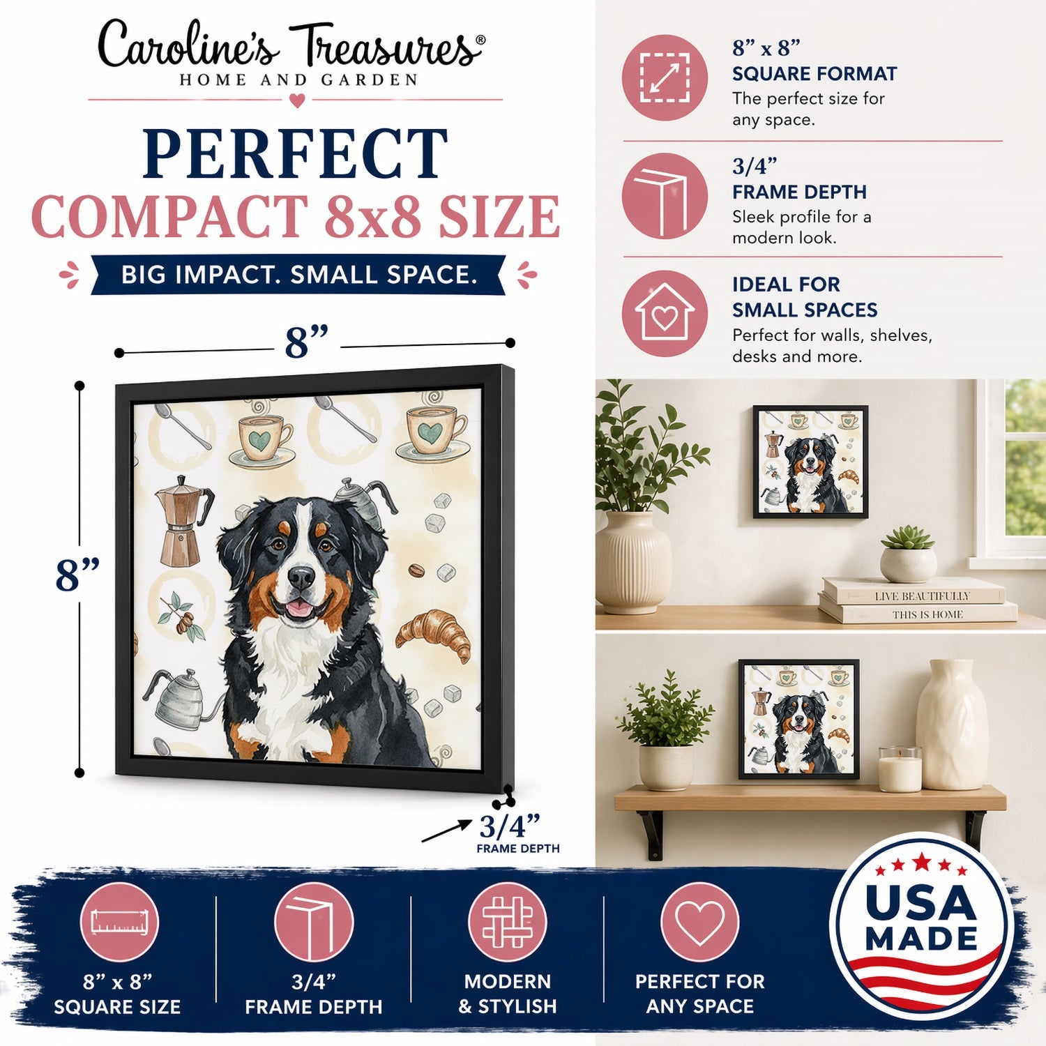 Bernese Mountain Dog Coffee Bar Framed Metal Print Bathroom, Kitchen, Office, Home Decor Wall Art Ready to Hang, Square, 8X8