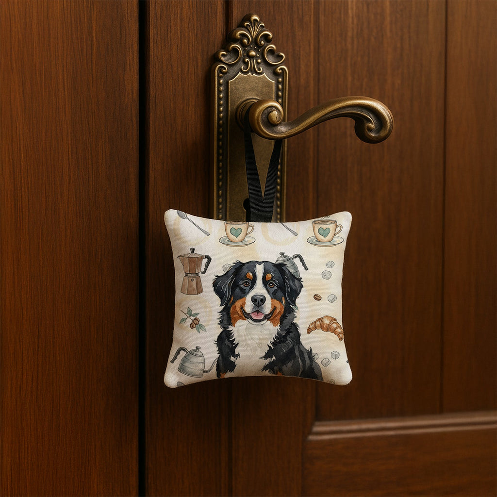 Bernese Mountain Dog Coffee Bar Hanging Square Fabric Ornament 3.5 � 3.5 Decorative Door-Knob & Tree Hanger, Soft Fabric