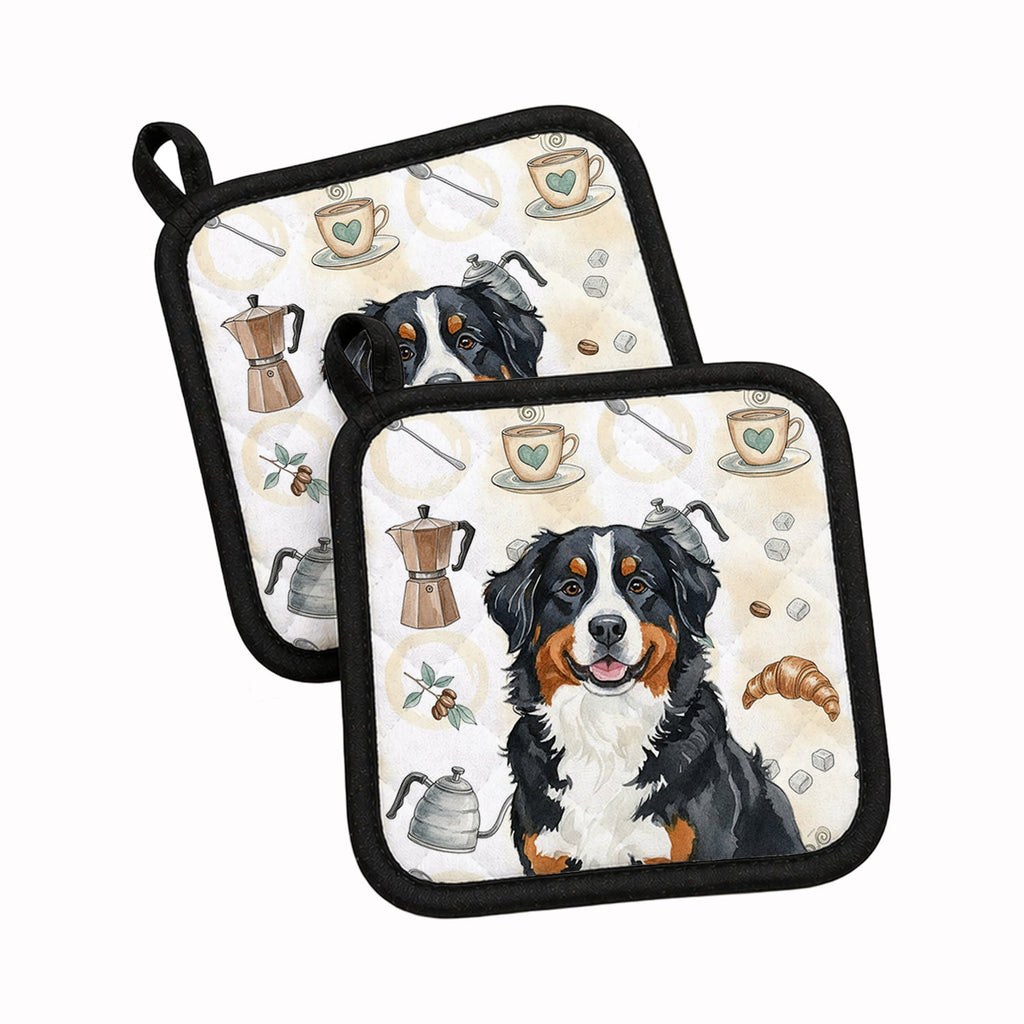 Bernese Mountain Dog Coffee Bar Pot Holder Set of 2 Heat Resistant Quilted Hot Pads 7.5 x 7.5 Inch, Insulated Kitchen Trivets for Cooking & Baking
