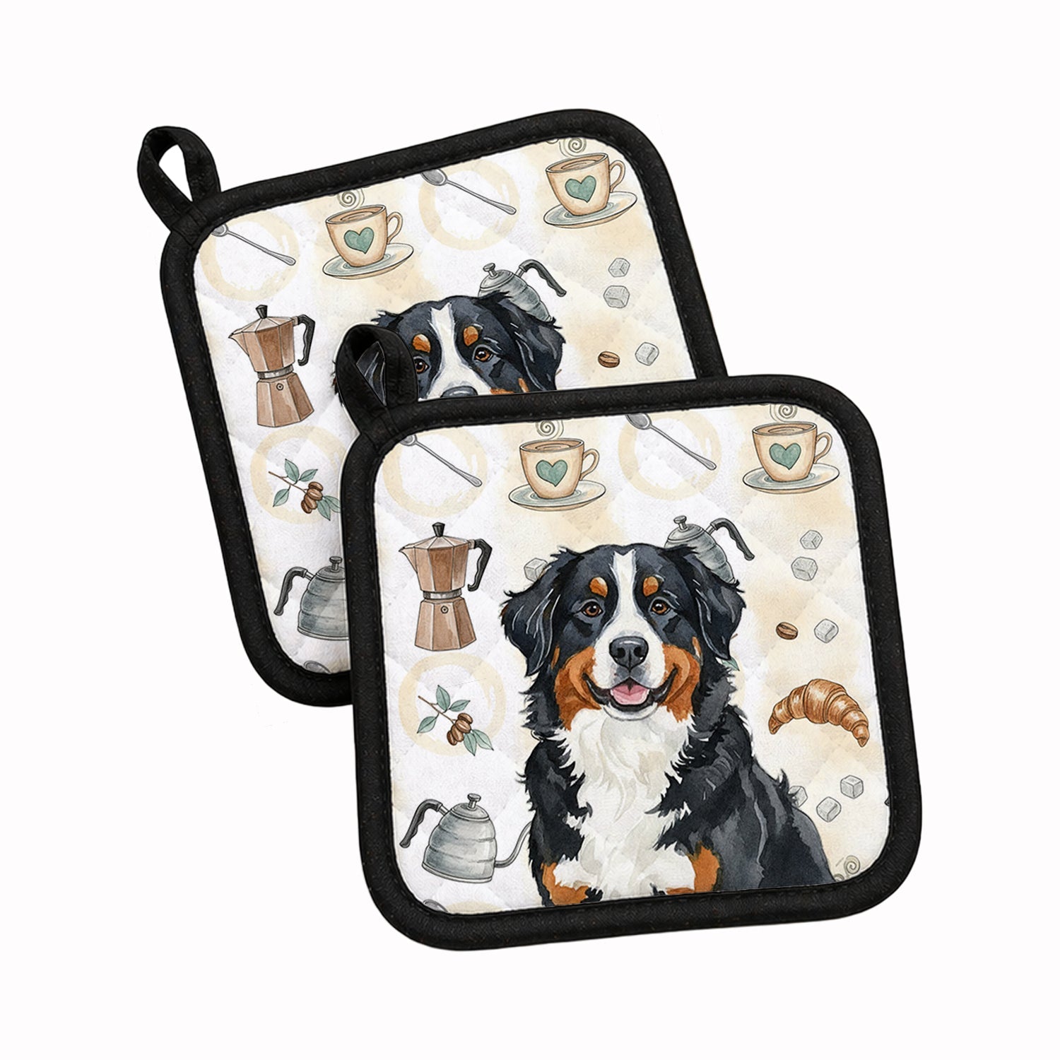 Bernese Mountain Dog Coffee Bar Pot Holder Set of 2 Heat Resistant Quilted Hot Pads 7.5 x 7.5 Inch, Insulated Kitchen Trivets for Cooking & Baking