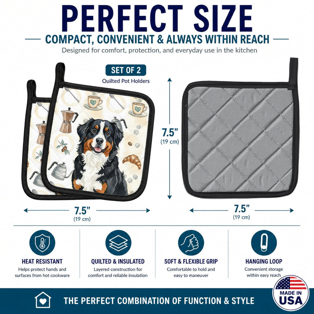 Bernese Mountain Dog Coffee Bar Pot Holder Set of 2 Heat Resistant Quilted Hot Pads 7.5 x 7.5 Inch, Insulated Kitchen Trivets for Cooking & Baking