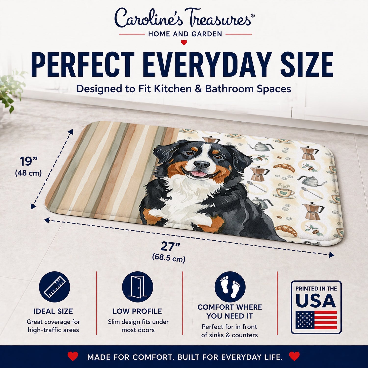 Bernese Mountain Dog Coffee Bar Memory Foam Kitchen Mat Machine Washable Anti-Fatigue Cushion Comfort Bath or Kitchen Rug