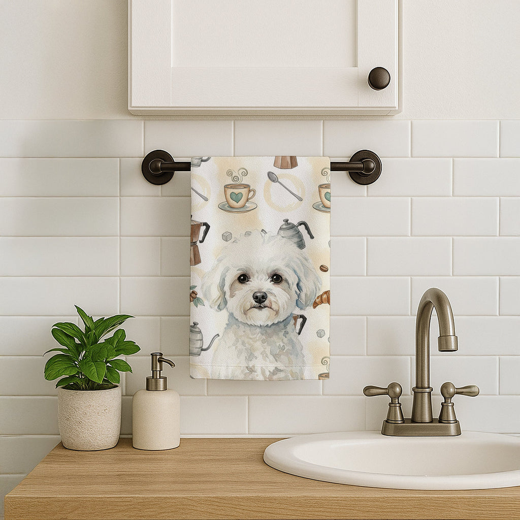Bichon Frise Coffee Bar Kitchen Towel Velour Plush Front and Cotton Loop Back Machine Washable