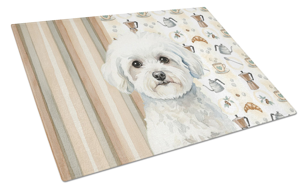 Bichon Frise Coffee Bar Cutting Board Tempered Glass Kitchen Cutting Surface, Heat Resistant Chopping, Non-Slip Feet, Food Prep & Serving