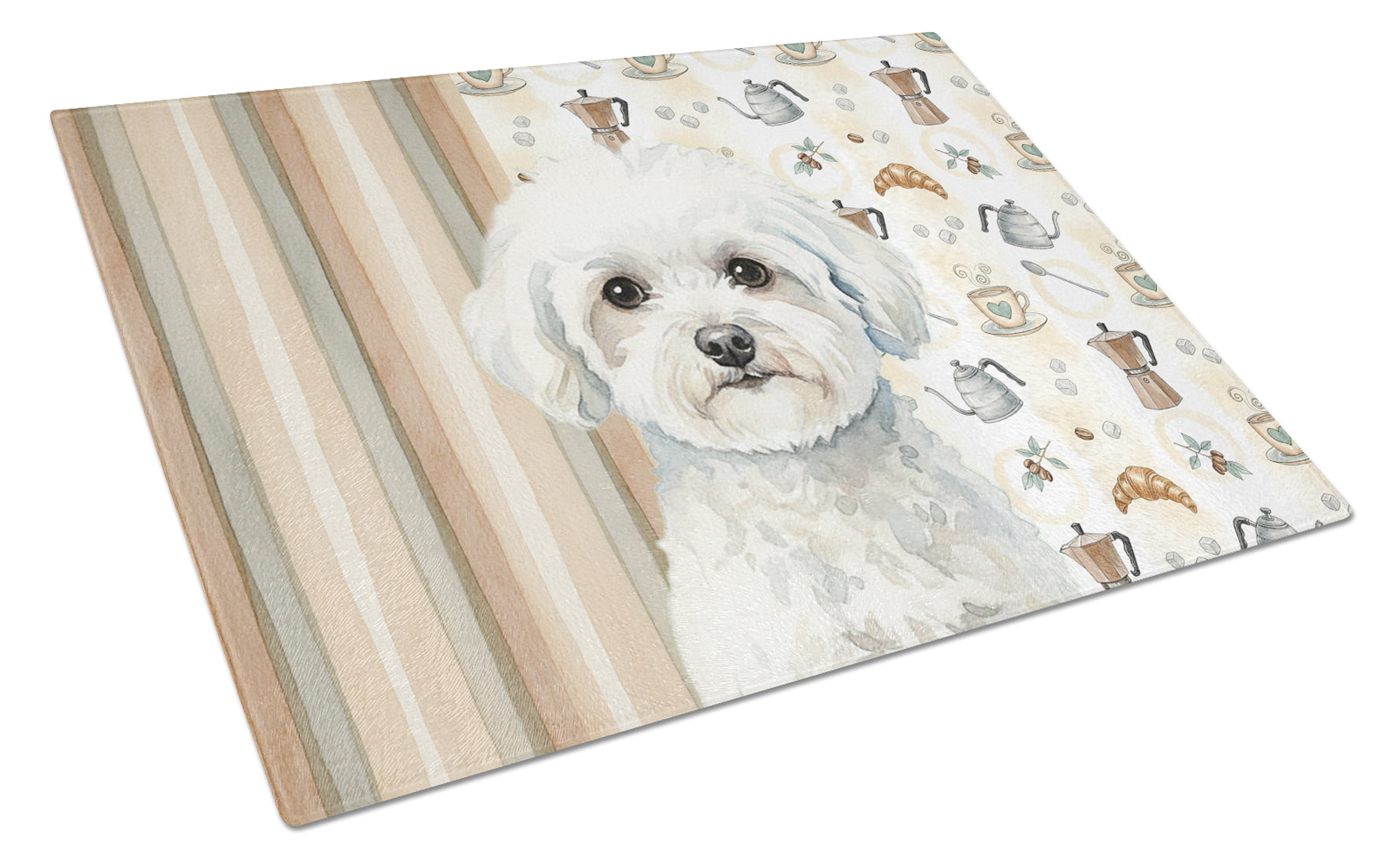 Bichon Frise Coffee Bar Cutting Board Tempered Glass Kitchen Cutting Surface, Heat Resistant Chopping, Non-Slip Feet, Food Prep & Serving