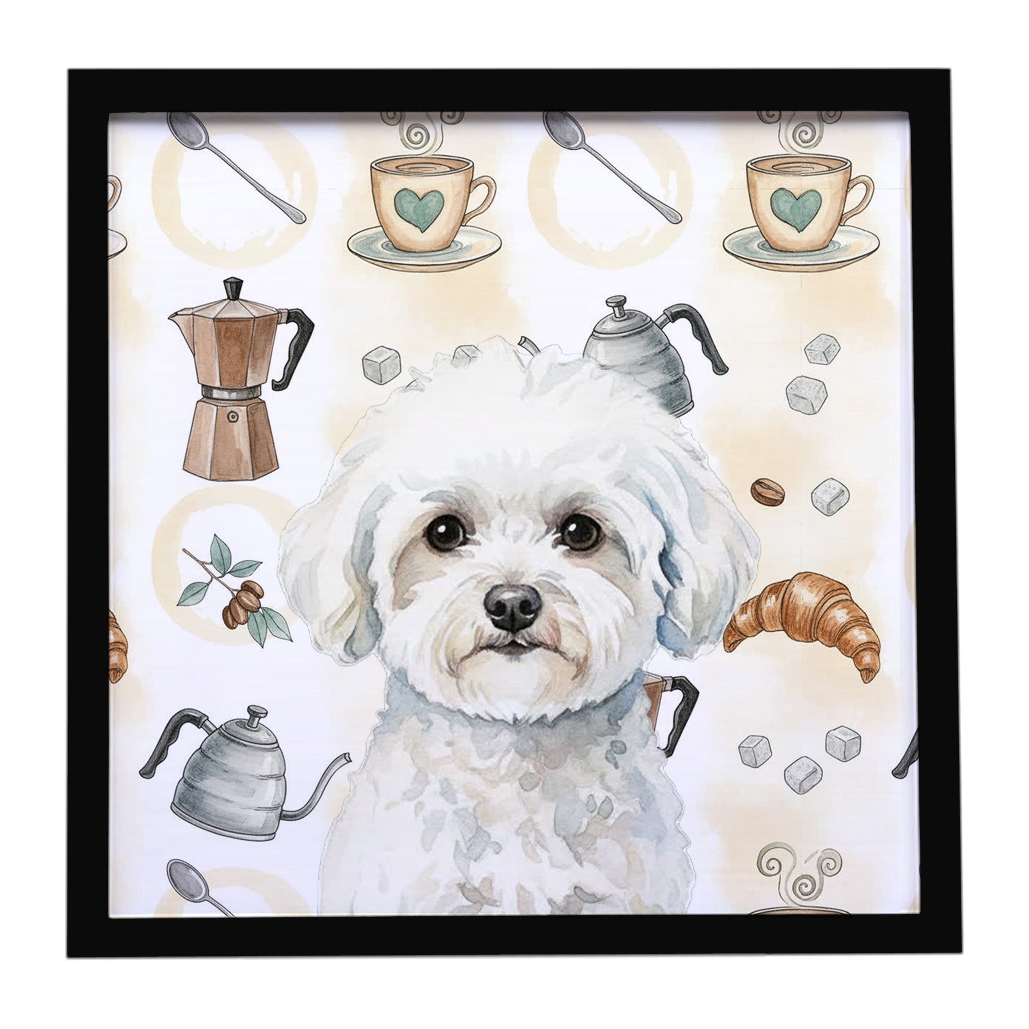 Bichon Frise Coffee Bar Framed Metal Print Bathroom, Kitchen, Office, Home Decor Wall Art Ready to Hang, Square, 8X8