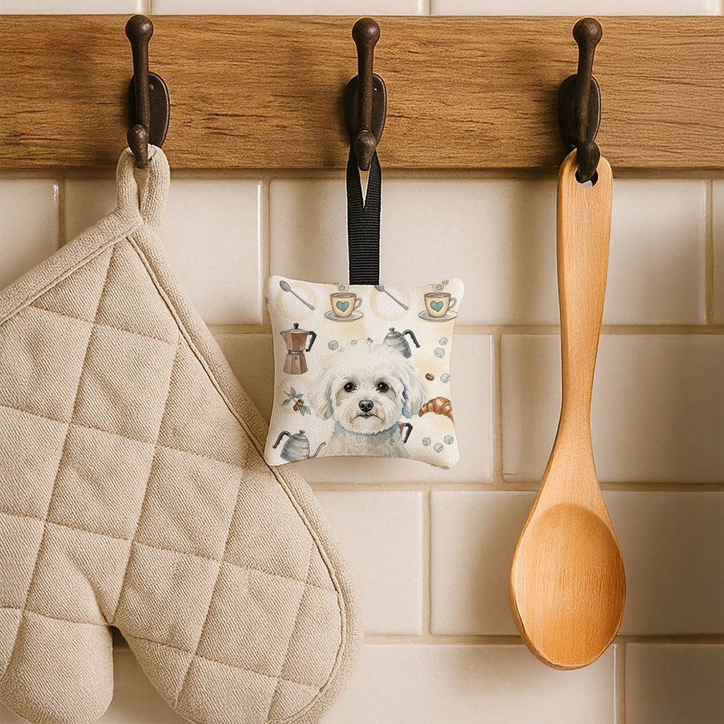 Bichon Frise Coffee Bar Hanging Square Fabric Ornament 3.5 � 3.5 Decorative Door-Knob & Tree Hanger, Soft Fabric