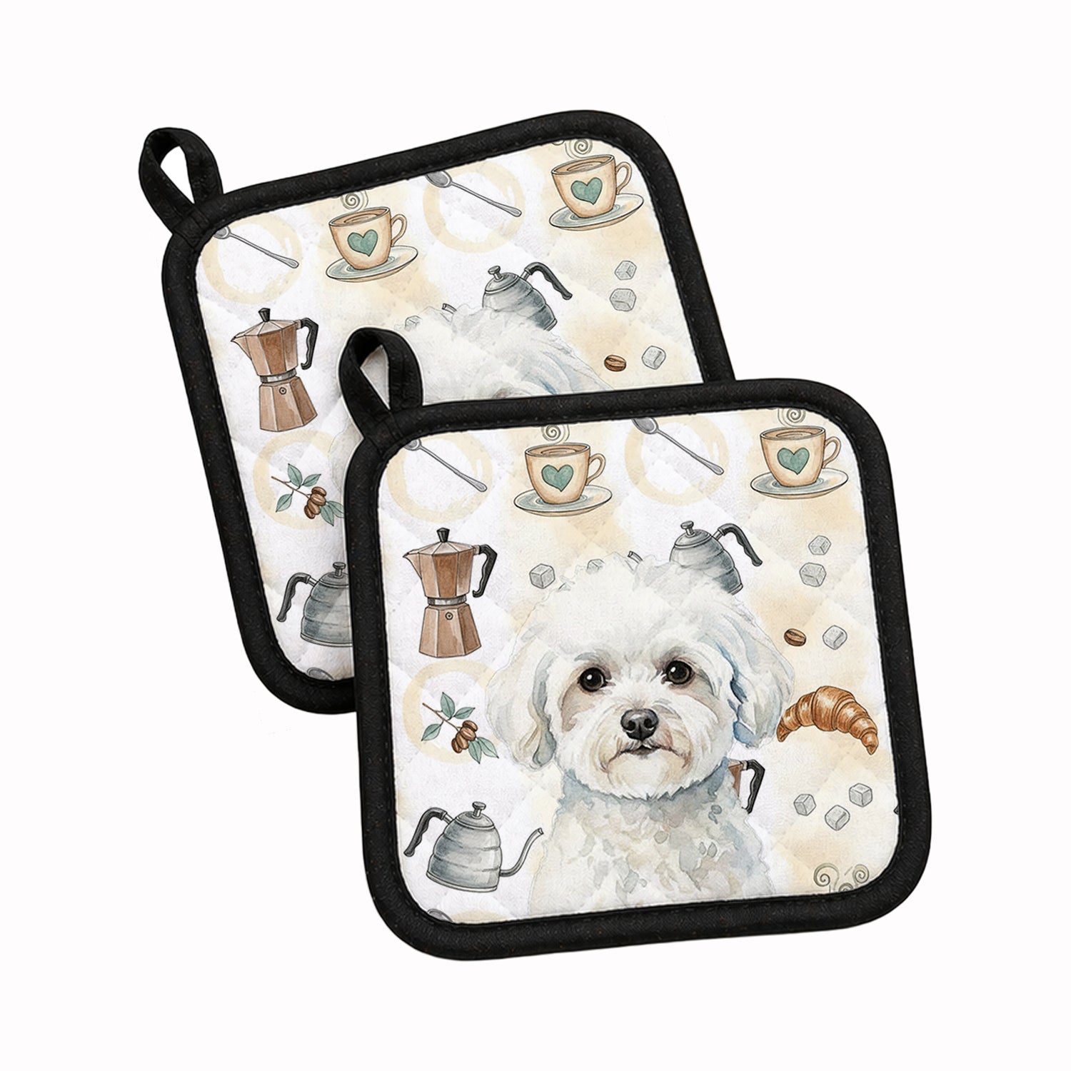 Bichon Frise Coffee Bar Pot Holder Set of 2 Heat Resistant Quilted Hot Pads 7.5 x 7.5 Inch, Insulated Kitchen Trivets for Cooking & Baking