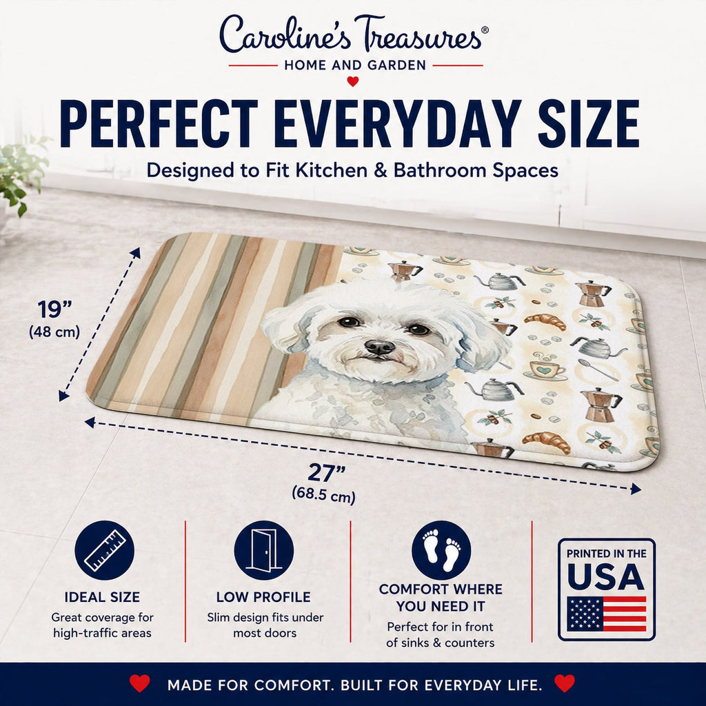 Bichon Frise Coffee Bar Memory Foam Kitchen Mat Machine Washable Anti-Fatigue Cushion Comfort Bath or Kitchen Rug