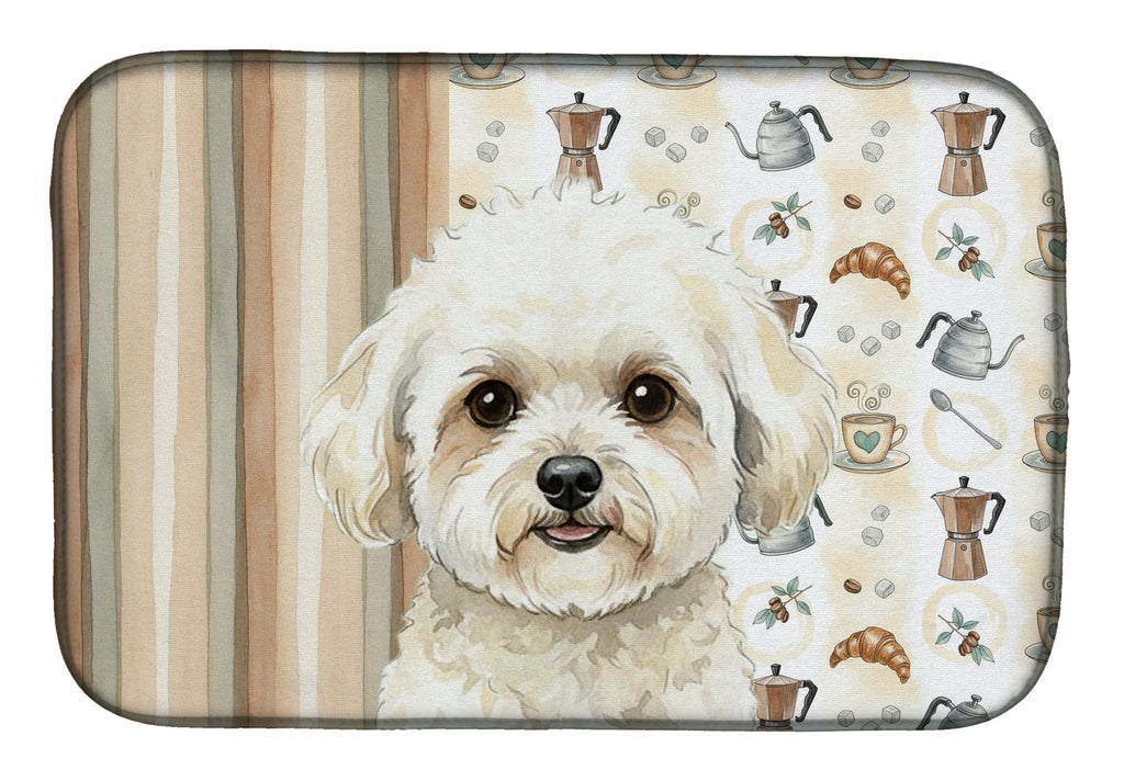 White and Cream Bichon Frise Coffee Bar Dish Drying Mat Absorbent Dish Drying Mat Pad for Kitchen Counter Dish Drainer Mat for Countertop, 14 x 21", Multicolor