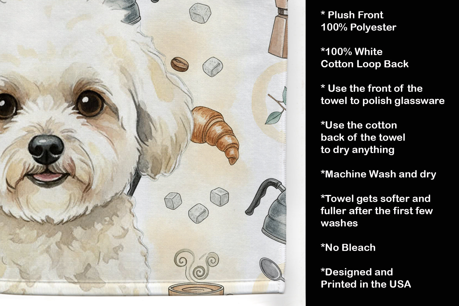 White and Cream Bichon Frise Coffee Bar Kitchen Towel Velour Plush Front and Cotton Loop Back Machine Washable