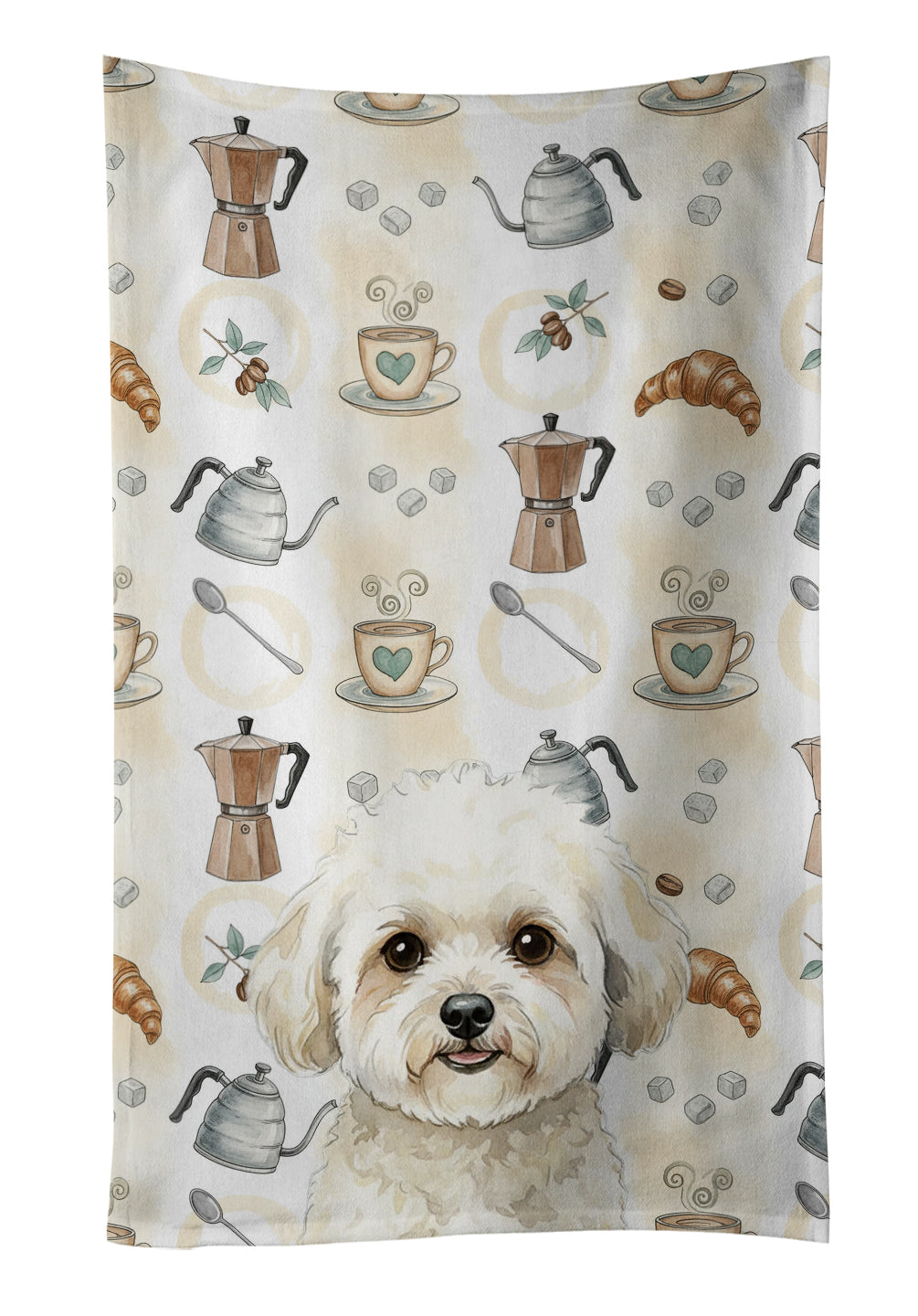 White and Cream Bichon Frise Coffee Bar Kitchen Towel Velour Plush Front and Cotton Loop Back Machine Washable