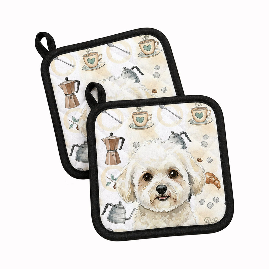 White and Cream Bichon Frise Coffee Bar Pot Holder Set of 2 Heat Resistant Quilted Hot Pads 7.5 x 7.5 Inch, Insulated Kitchen Trivets for Cooking & Baking