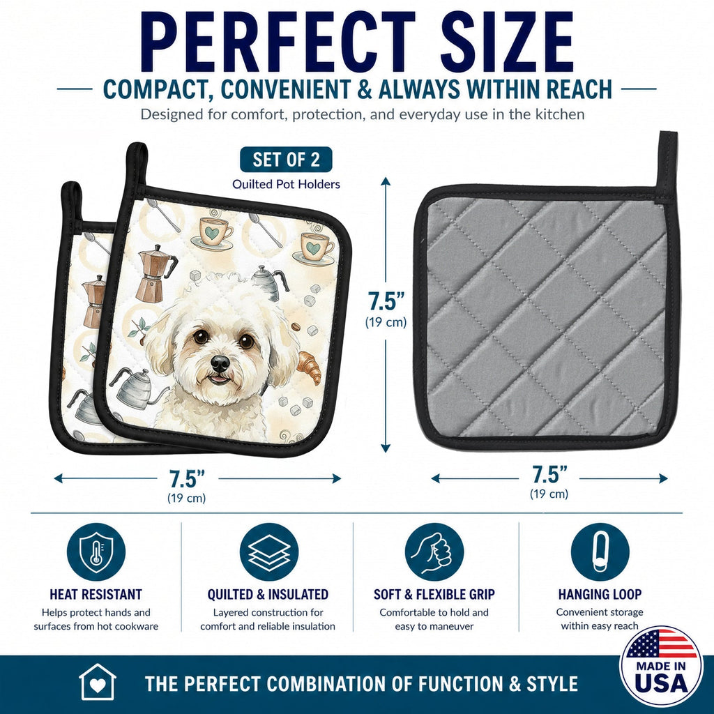 White and Cream Bichon Frise Coffee Bar Pot Holder Set of 2 Heat Resistant Quilted Hot Pads 7.5 x 7.5 Inch, Insulated Kitchen Trivets for Cooking & Baking