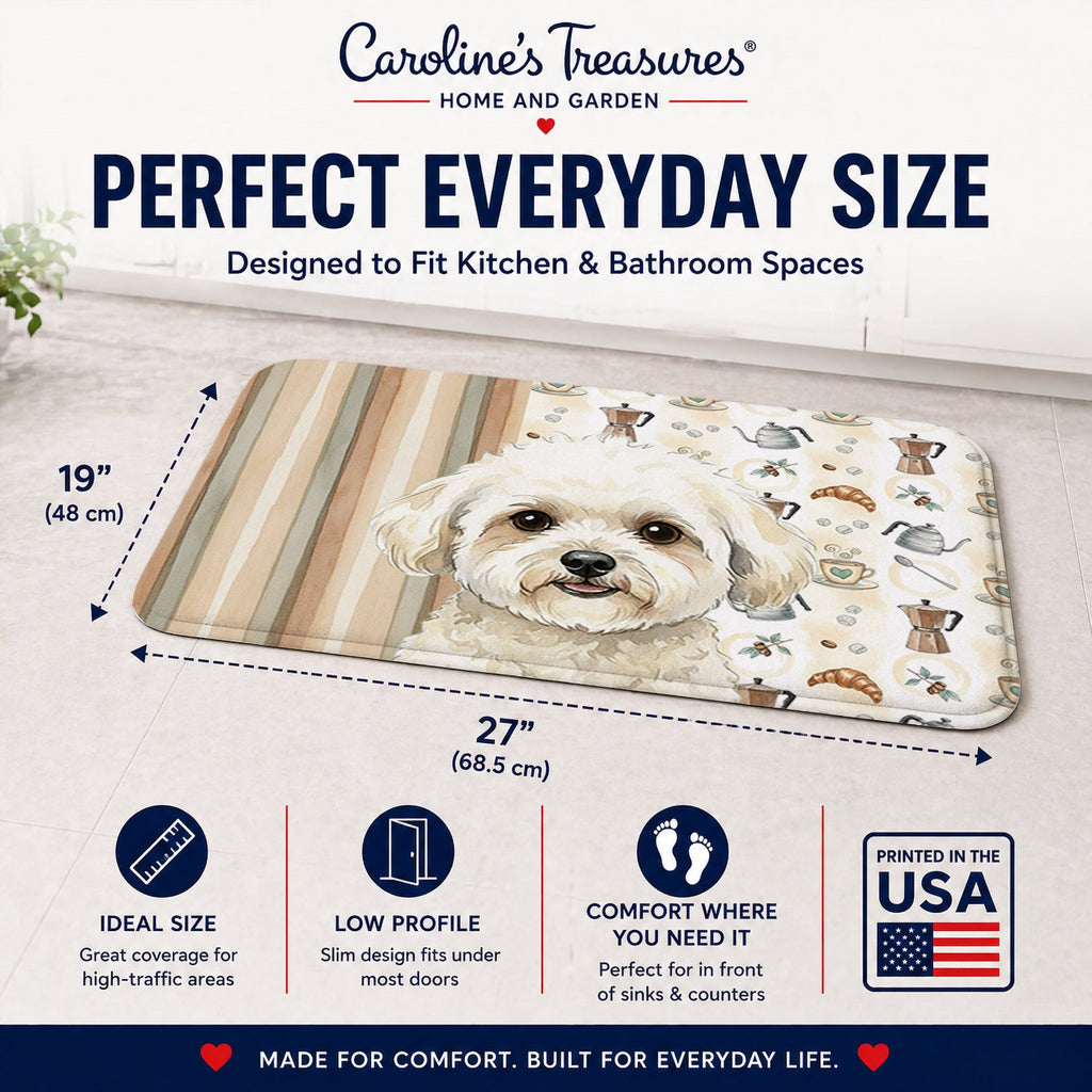 White and Cream Bichon Frise Coffee Bar Memory Foam Kitchen Mat Machine Washable Anti-Fatigue Cushion Comfort Bath or Kitchen Rug