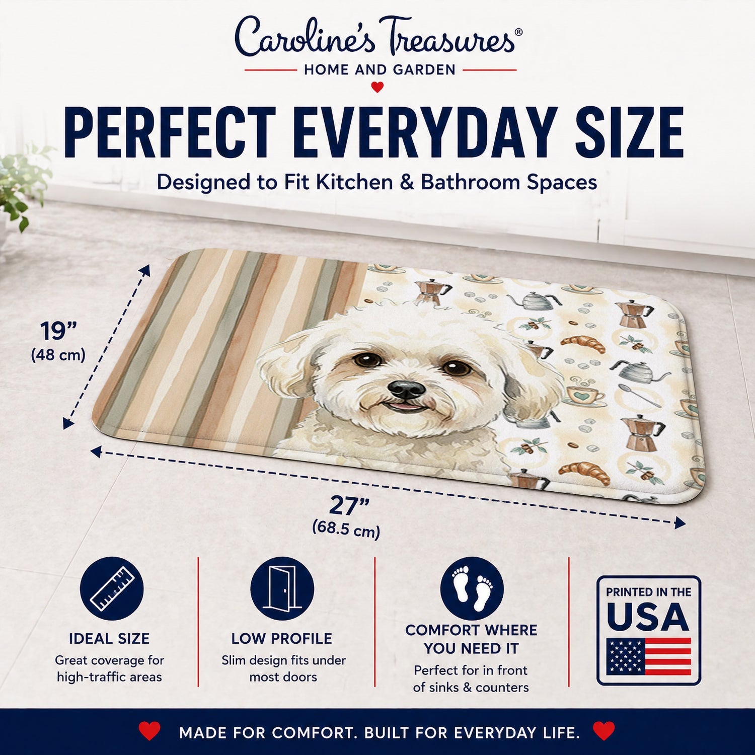 White and Cream Bichon Frise Coffee Bar Memory Foam Kitchen Mat Machine Washable Anti-Fatigue Cushion Comfort Bath or Kitchen Rug