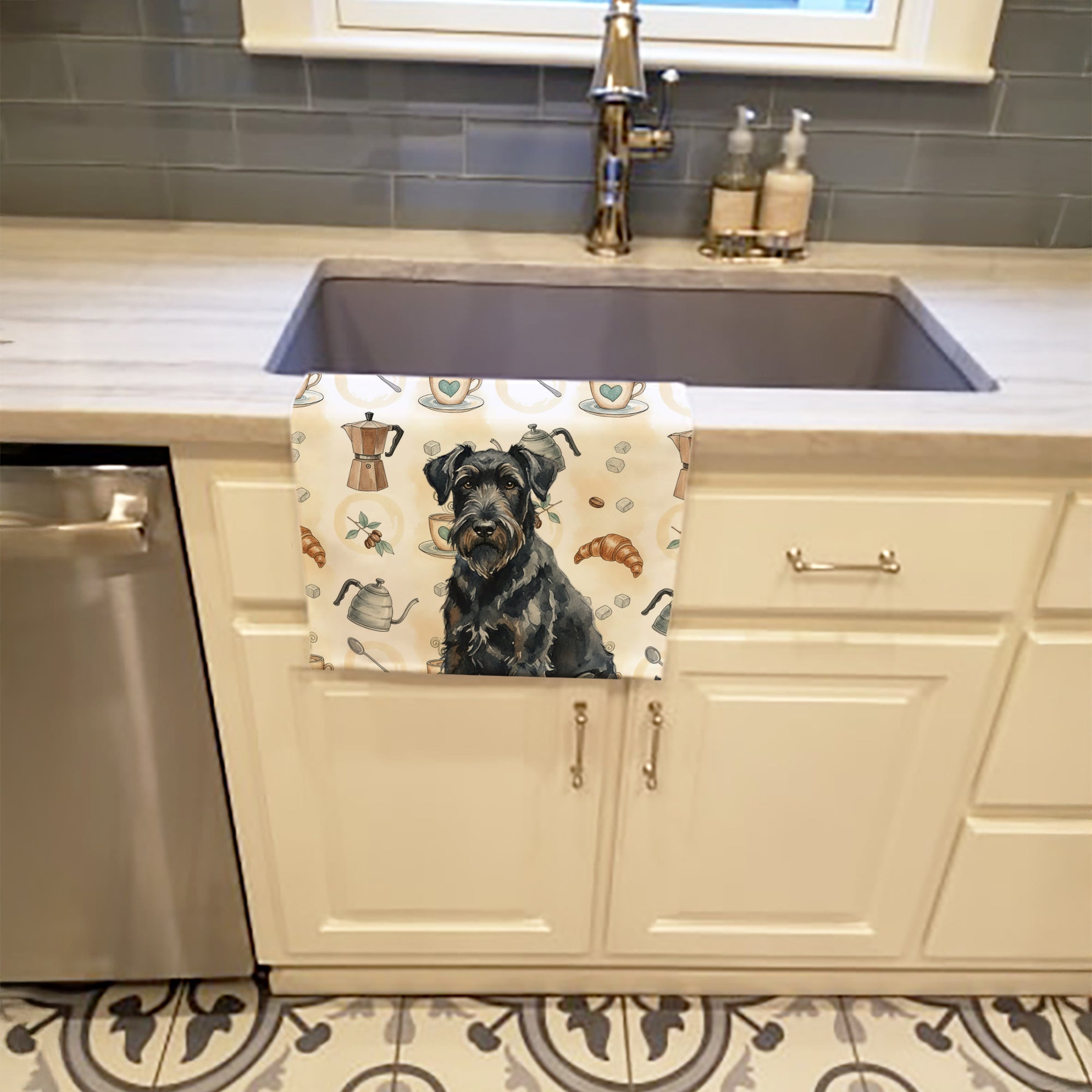 Black Russian Terrier Coffee Bar Kitchen Towel Velour Plush Front and Cotton Loop Back Machine Washable