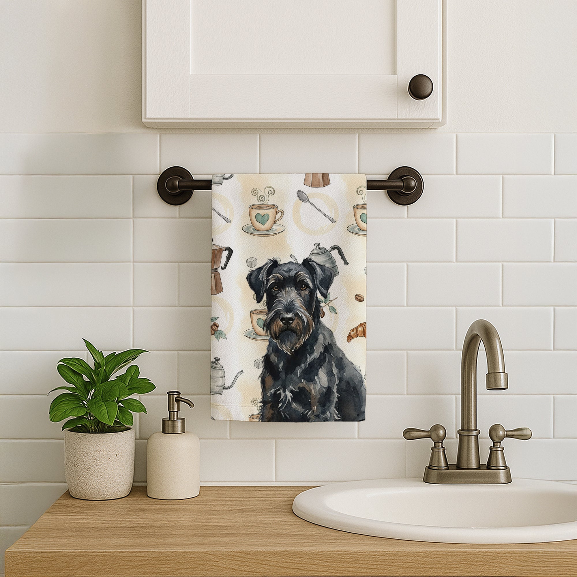 Black Russian Terrier Coffee Bar Kitchen Towel Velour Plush Front and Cotton Loop Back Machine Washable