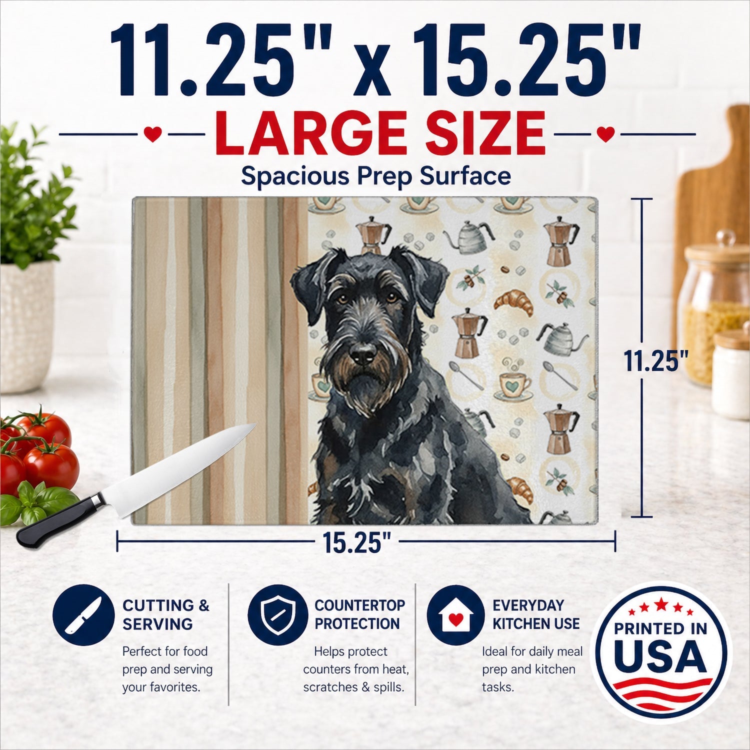 Black Russian Terrier Coffee Bar Cutting Board Tempered Glass Kitchen Cutting Surface, Heat Resistant Chopping, Non-Slip Feet, Food Prep & Serving