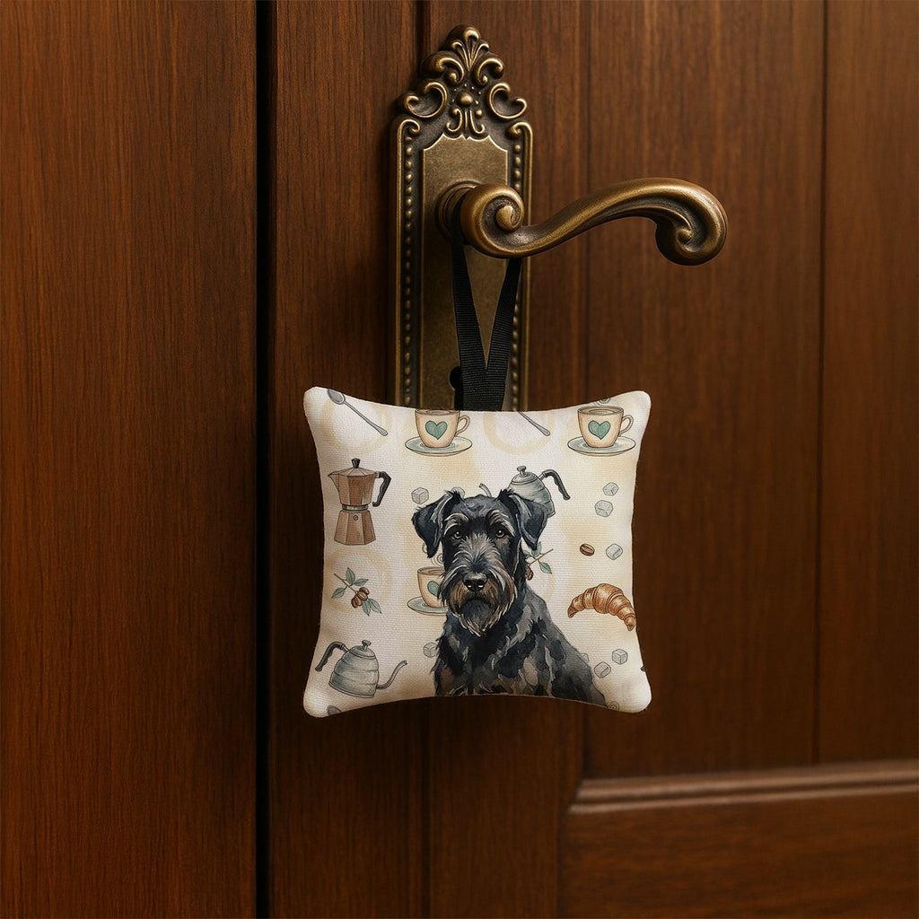 Black Russian Terrier Coffee Bar Hanging Square Fabric Ornament 3.5 � 3.5 Decorative Door-Knob & Tree Hanger, Soft Fabric