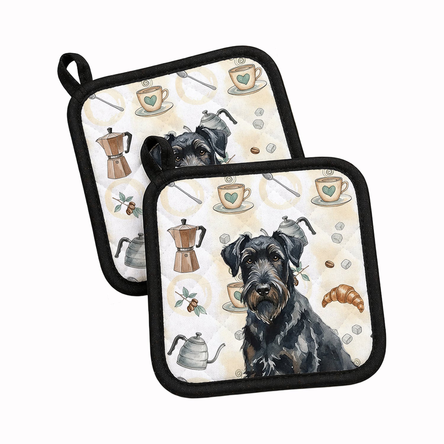 Black Russian Terrier Coffee Bar Pot Holder Set of 2 Heat Resistant Quilted Hot Pads 7.5 x 7.5 Inch, Insulated Kitchen Trivets for Cooking & Baking