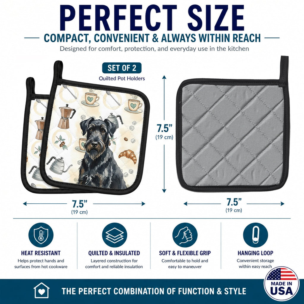 Black Russian Terrier Coffee Bar Pot Holder Set of 2 Heat Resistant Quilted Hot Pads 7.5 x 7.5 Inch, Insulated Kitchen Trivets for Cooking & Baking