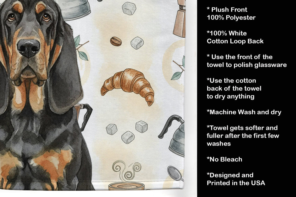 Black and Tan Bloodhound Coffee Bar Kitchen Towel Velour Plush Front and Cotton Loop Back Machine Washable
