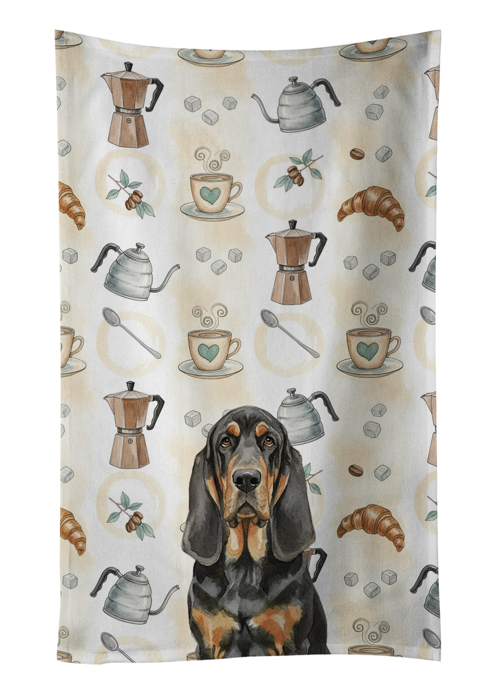 Black and Tan Bloodhound Coffee Bar Kitchen Towel Velour Plush Front and Cotton Loop Back Machine Washable