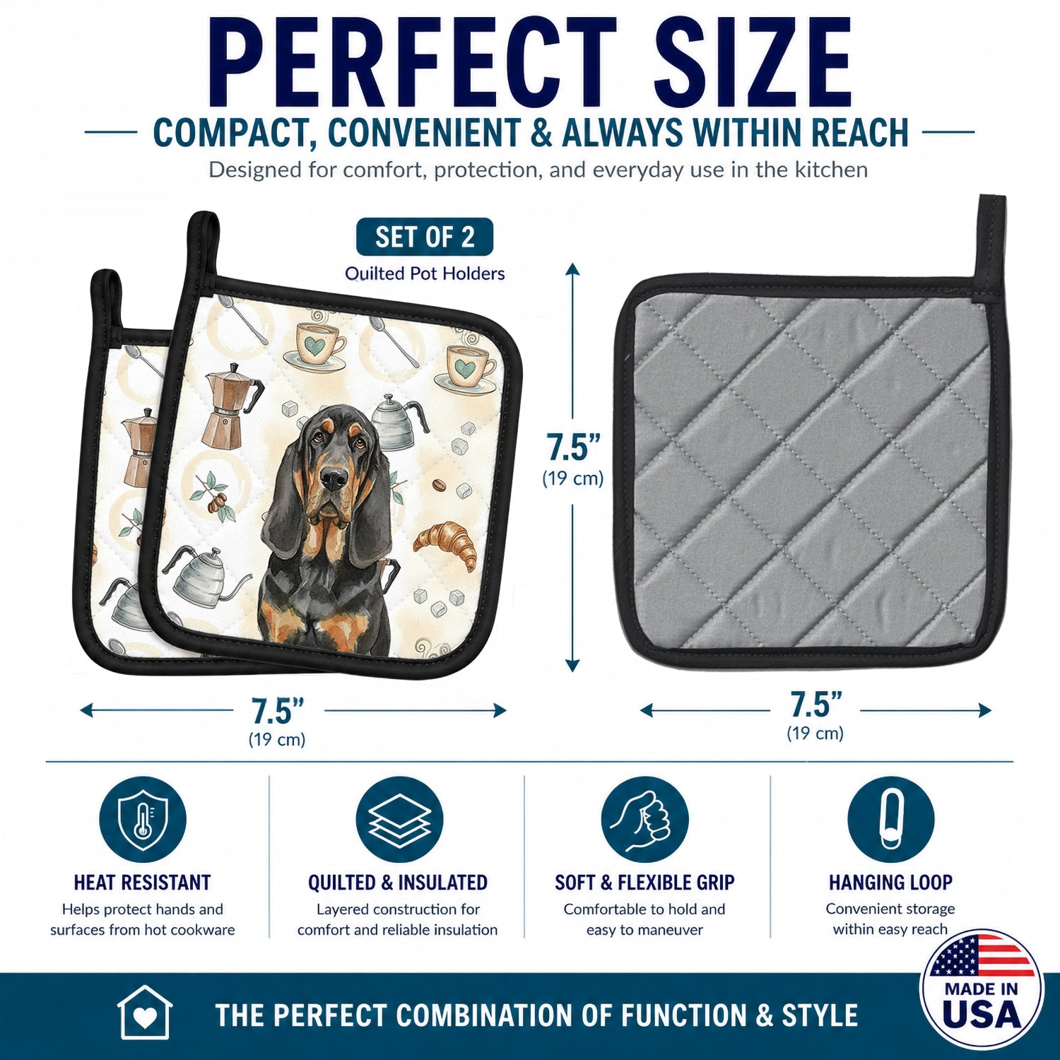 Black and Tan Bloodhound Coffee Bar Pot Holder Set of 2 Heat Resistant Quilted Hot Pads 7.5 x 7.5 Inch, Insulated Kitchen Trivets for Cooking & Baking