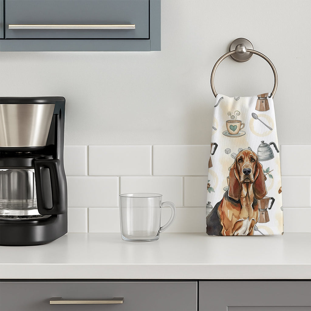 Liver and Tan Bloodhound Coffee Bar Kitchen Towel Velour Plush Front and Cotton Loop Back Machine Washable