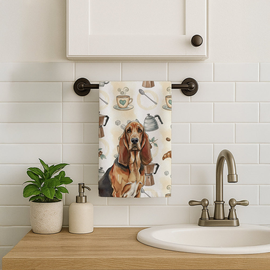Liver and Tan Bloodhound Coffee Bar Kitchen Towel Velour Plush Front and Cotton Loop Back Machine Washable