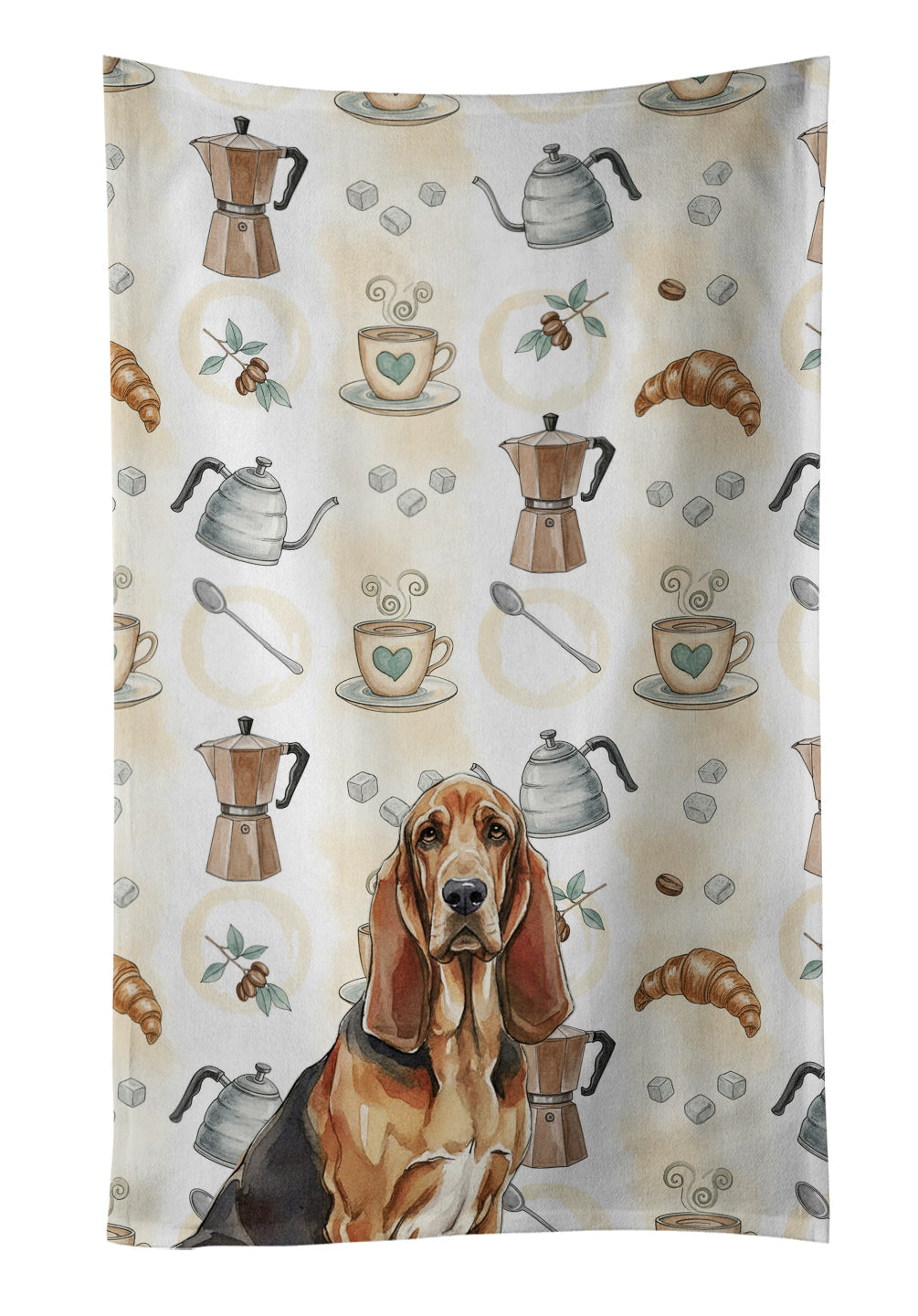 Liver and Tan Bloodhound Coffee Bar Kitchen Towel Velour Plush Front and Cotton Loop Back Machine Washable