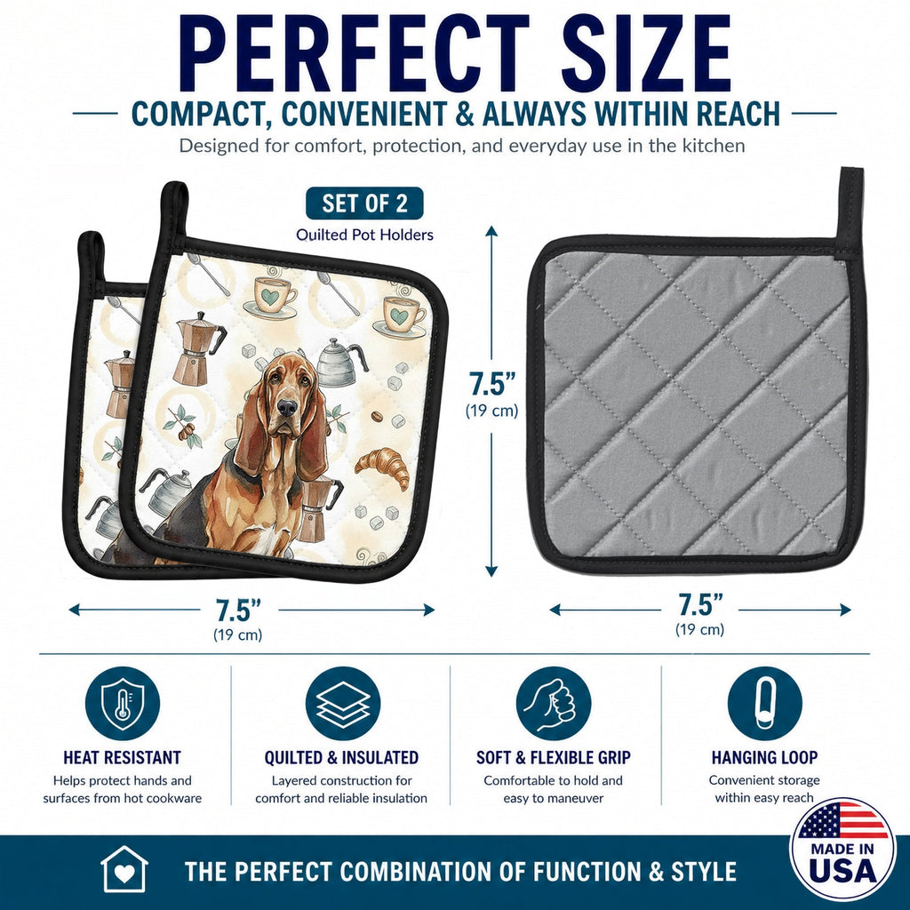 Liver and Tan Bloodhound Coffee Bar Pot Holder Set of 2 Heat Resistant Quilted Hot Pads 7.5 x 7.5 Inch, Insulated Kitchen Trivets for Cooking & Baking